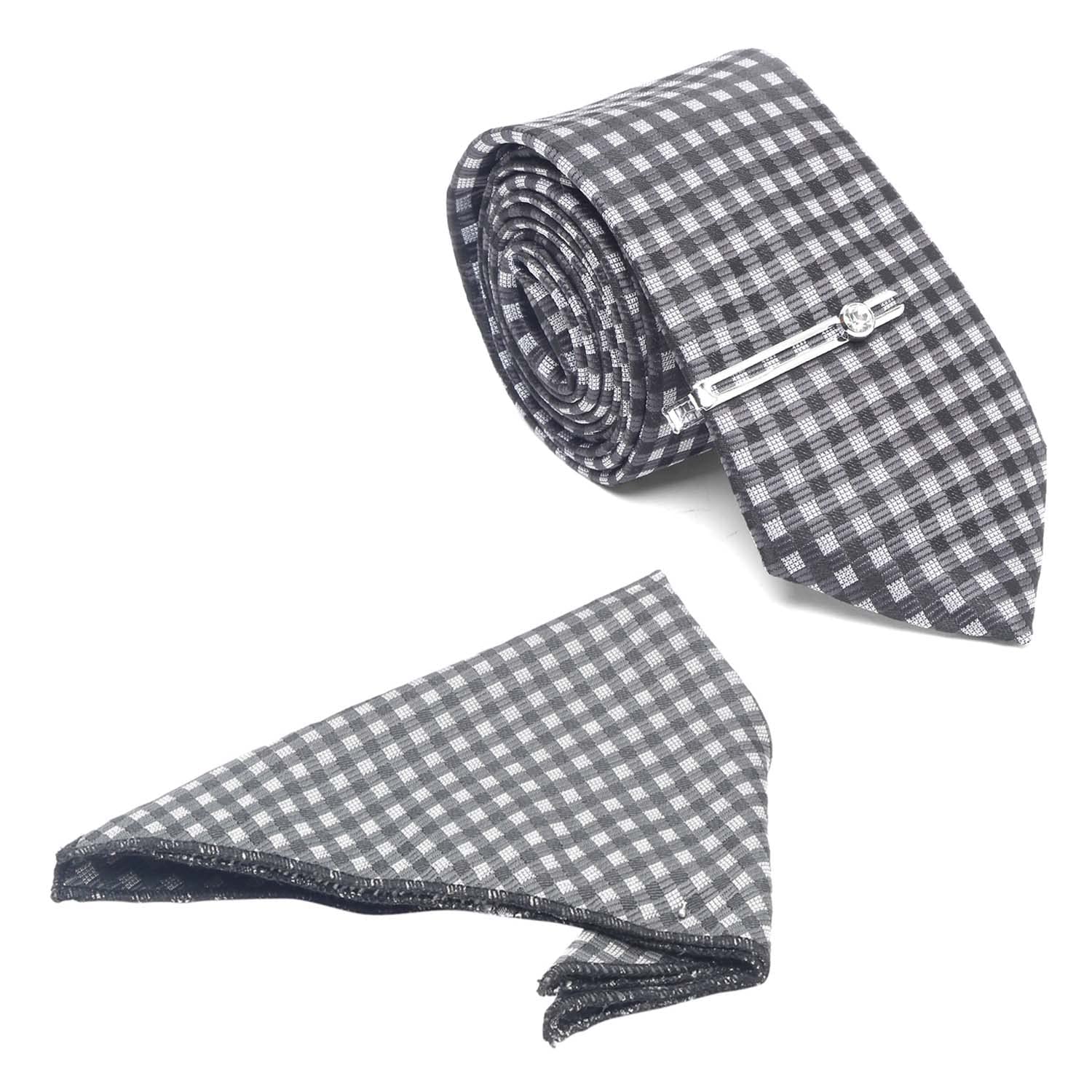 louis stitch Mens Checkerd Black Italian Silk Necktie Set With Pocket Square Tie Chrome Tiepin (Suit Accessories) (Britain)-picture-10