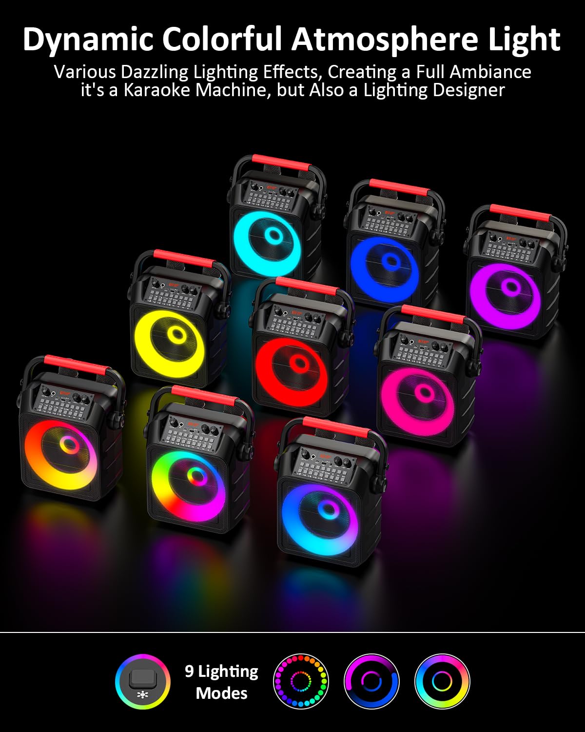 Máquina de Karaoke para adultoscon 2 micrófonos,Altavoz Profesional de Karaoke Bluetooth portátil con Luces LED,para Fiestas,Regalo,al Aire Libre,para TV,DJ.Sostener TF/USB/TWS/Mic/AUX