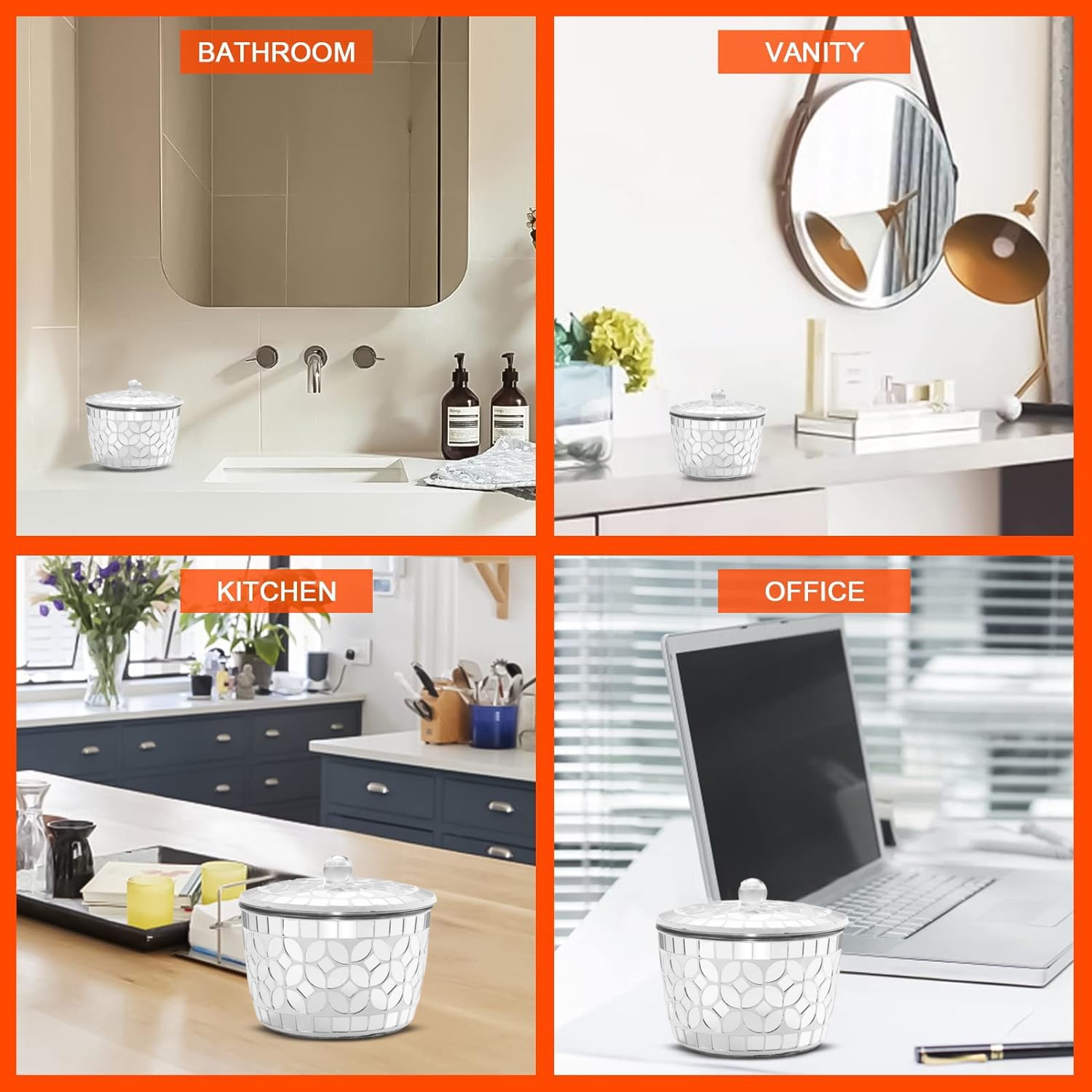 Soporte para cuarto de baño, organizador de almacenamiento para encimera, frasco, dispensador de vidrio de mosaico con tapa, para hisopos de algodón, sales de baño, banda para el pelo, bolas