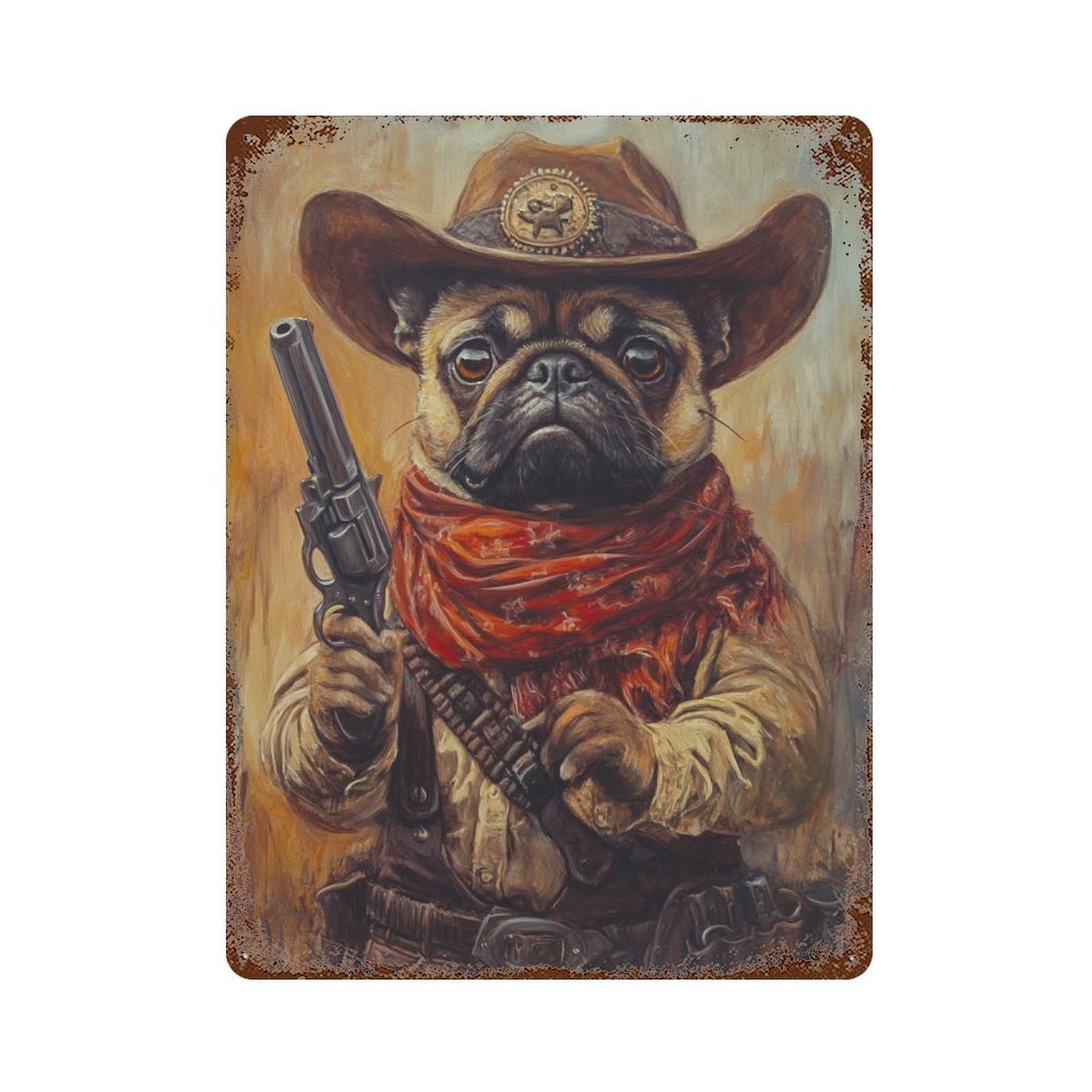 Western Pug Cowboy Art Print-1 Distressed Metal Wall Sign 15.7"x11.8", for Basement, Hobby Room And Garage Decor, Shabby Chic Decor