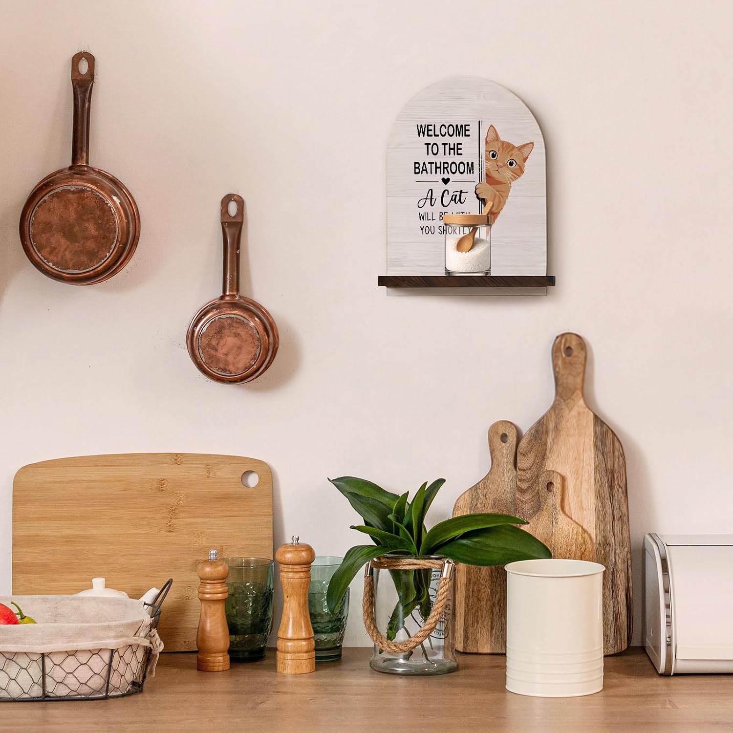Orange Tabby Cat Gifts Arched Wall Shelf Decor, A Cat Will Be with You Shortly Wooden Floating Shelves, Funny Orange Cats Lover Gifts Hanging Wall Shelves Decor for Bathroom, 11.81x8.74In