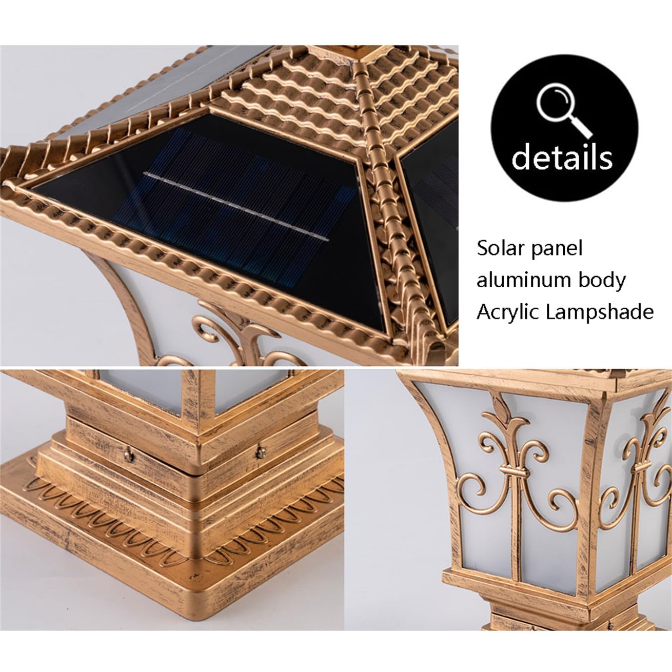 Duża solarna lampa podłogowa LED w kształcie kolumny, brązowy aluminiowy klosz i akrylowe lampiony w stylu vintage, idealna do ogrodów, tarasów i chodników (1 sztuka)