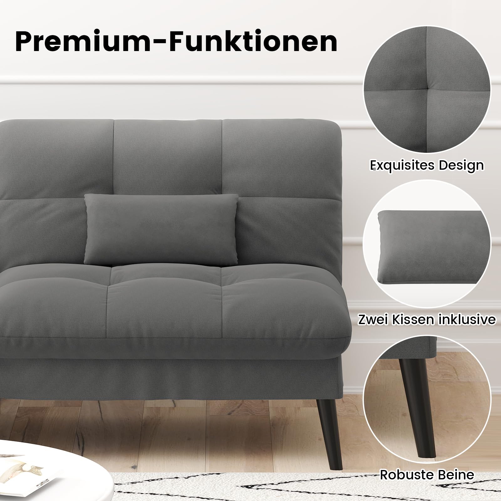 LUCKRACER Sofa 3 Sitzer Sofa Schlafsofa mit Schlaffunktion, überzug Futon Klappsofa, Bettcouch, ecksofa, Couch, 5 Verstellbare Winkel, Ideal für Wohnungen Wohnzimmer aus Stoff Grau