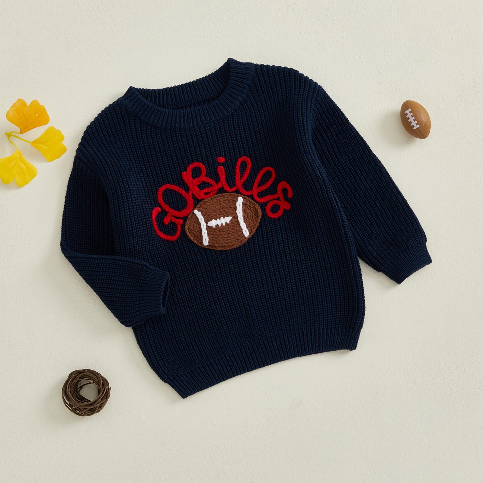 Toddler Baby Girl Boy Knit Football Sweater Long Sleeve Pumpkin Sweasthirt Fall Winter Clothes Football Outfit (Dark Blue Football, 12-18 Months)