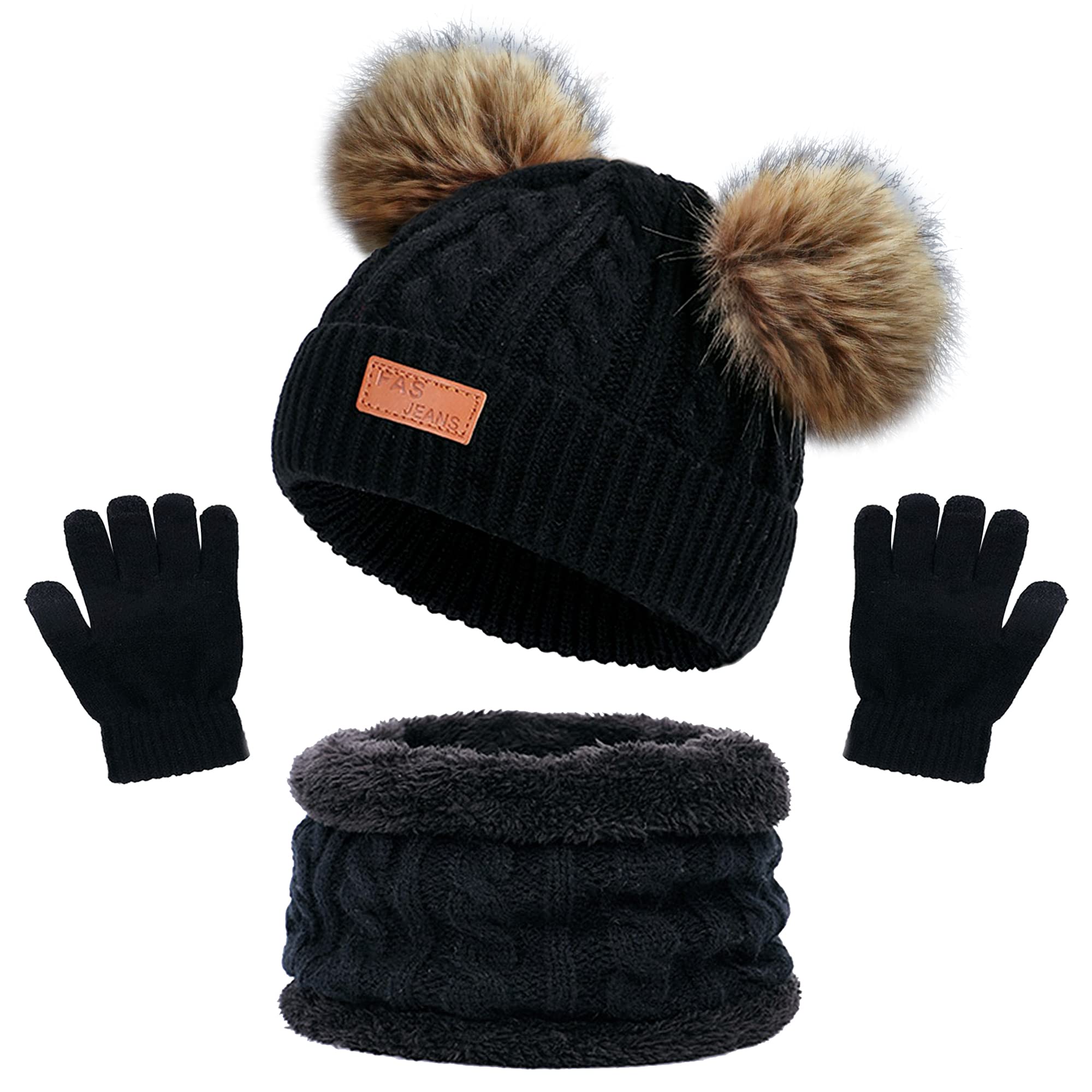 Beifon Girls Black Kids Winter Warm Beanie Hat Scarf Gloves Set Thermal Knit Crochet Thick Fluffy Toddler Scarf Double Pom Pom Bobble Hat With Faux Fur For Boys Children Toddler Aged 3-8