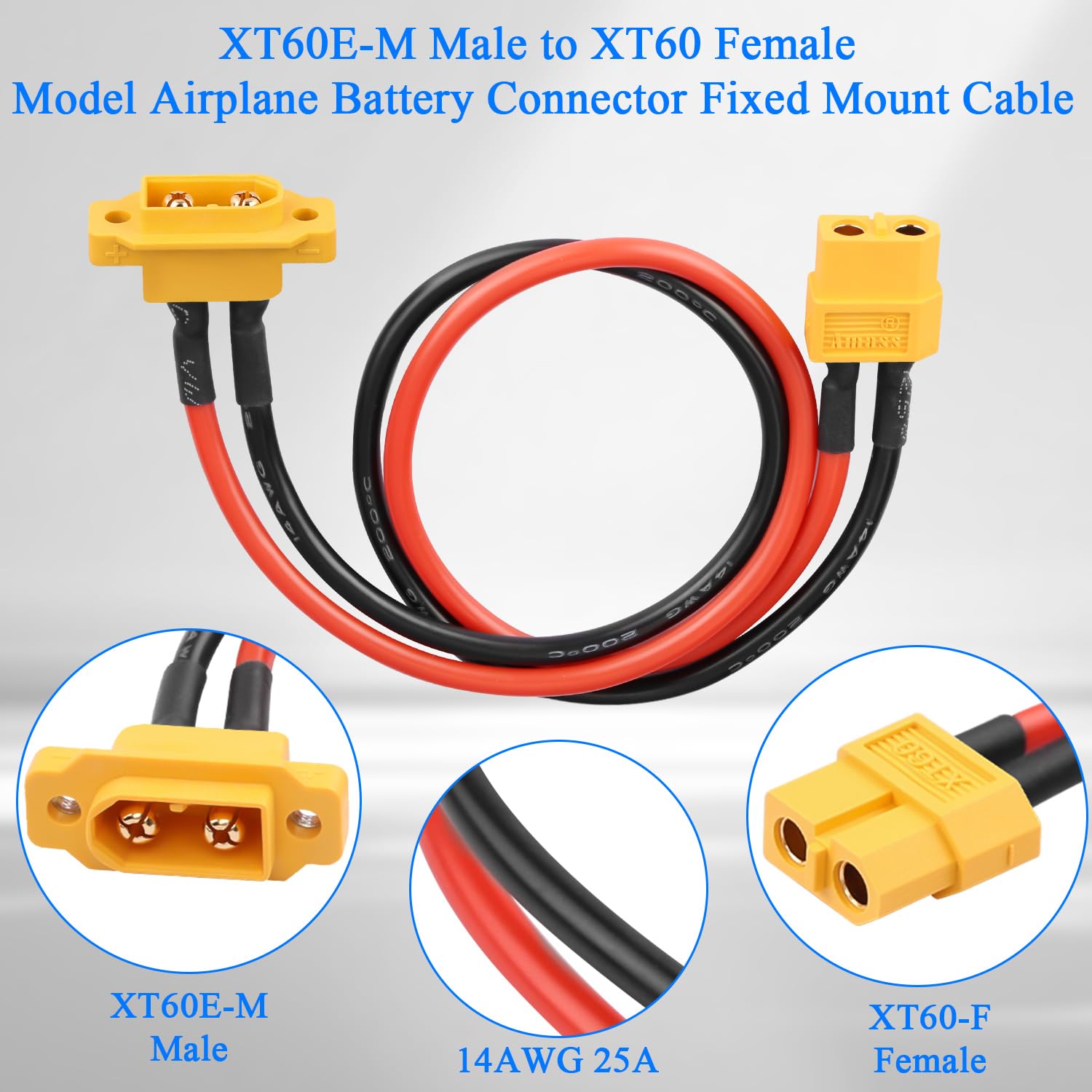 QIANRENON Lot de 2 connecteurs de batterie 14 AWG 25 A XT60 Li - Câble de montage fixe XT60E-F femelle vers XT60 mâle - Housse anti-poussière - Pour drone FPV aérodynamique RC QIANRENON Lot de 2 connecteurs de batterie 14 AWG 25 A XT60 Li - Câble de montage fixe XT60E-F femelle vers XT60 mâle - Housse anti-poussière - Pour drone FPV aérodynamique RC