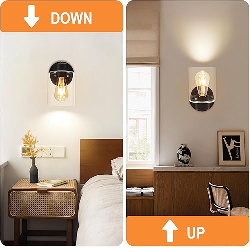 Miniatura 2 de Kalium Apliques de pared, lámparas de tocador negro mate, luces de pared con pantalla de vidrio transparente para baño, lámpara de pared de granja