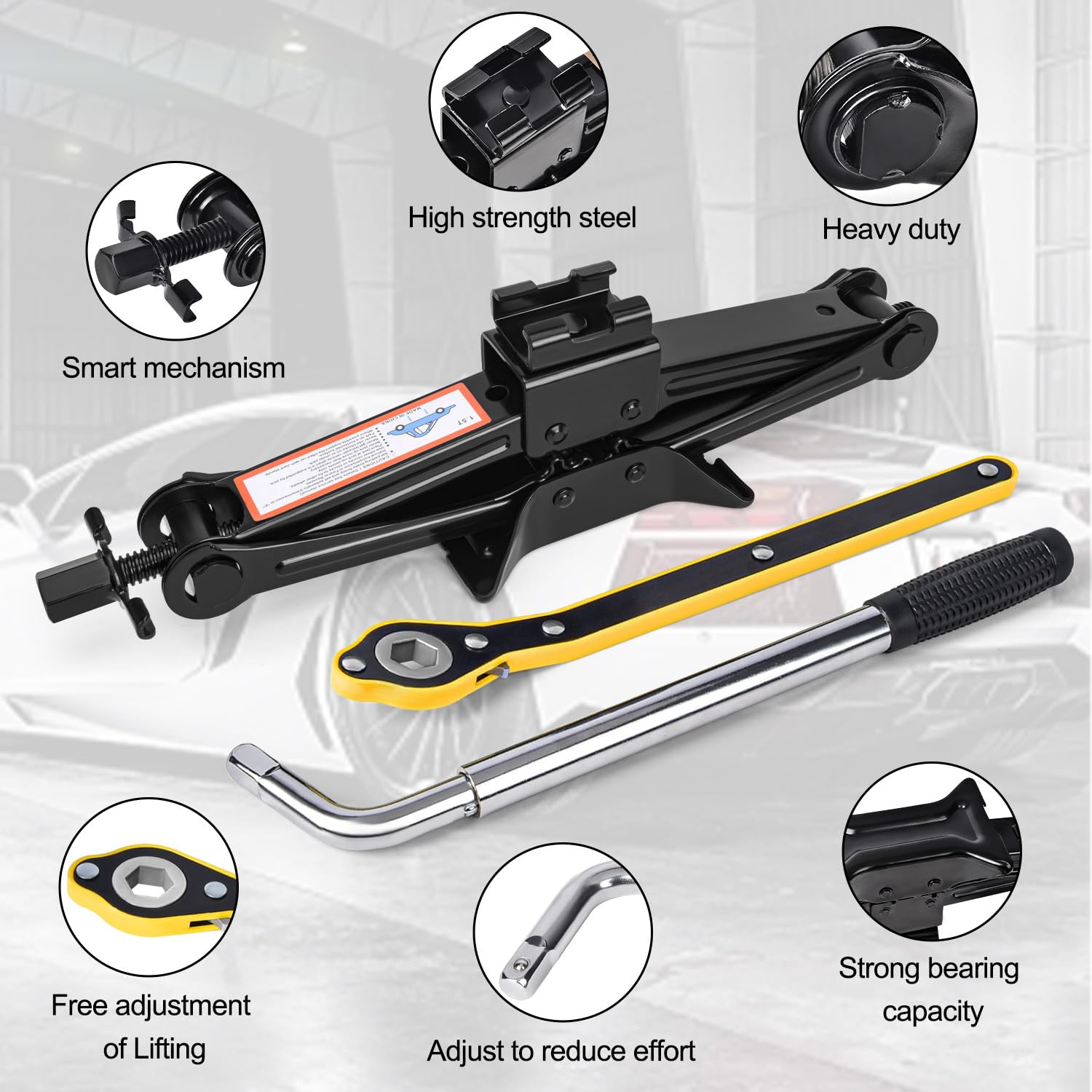 kefflum Cric per Auto 1.5T, Kit Completo Include Chiave a Cricchetto e Leva Telescopica per Pneumatici, Crick Auto 1500kg per Cambio Gomme di Emergenza Portatile per Camion Berline Furgoni e SUV
