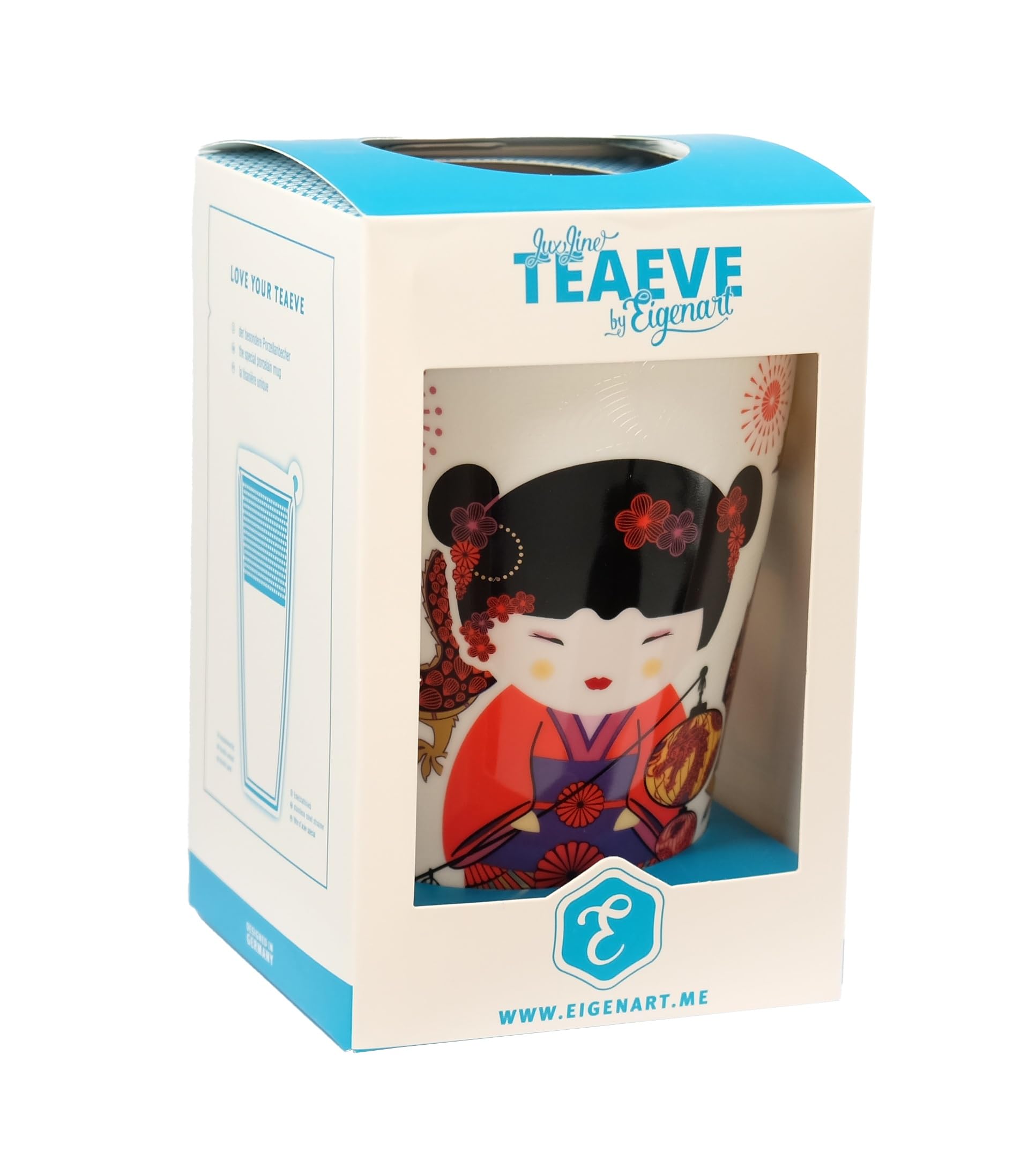 Eigenart Teaeve 80066 Sweet Little Geisha Fire Tasse à double paroi en porcelaine avec couvercle et passoire en acier inoxydable sans BPA 350 ml