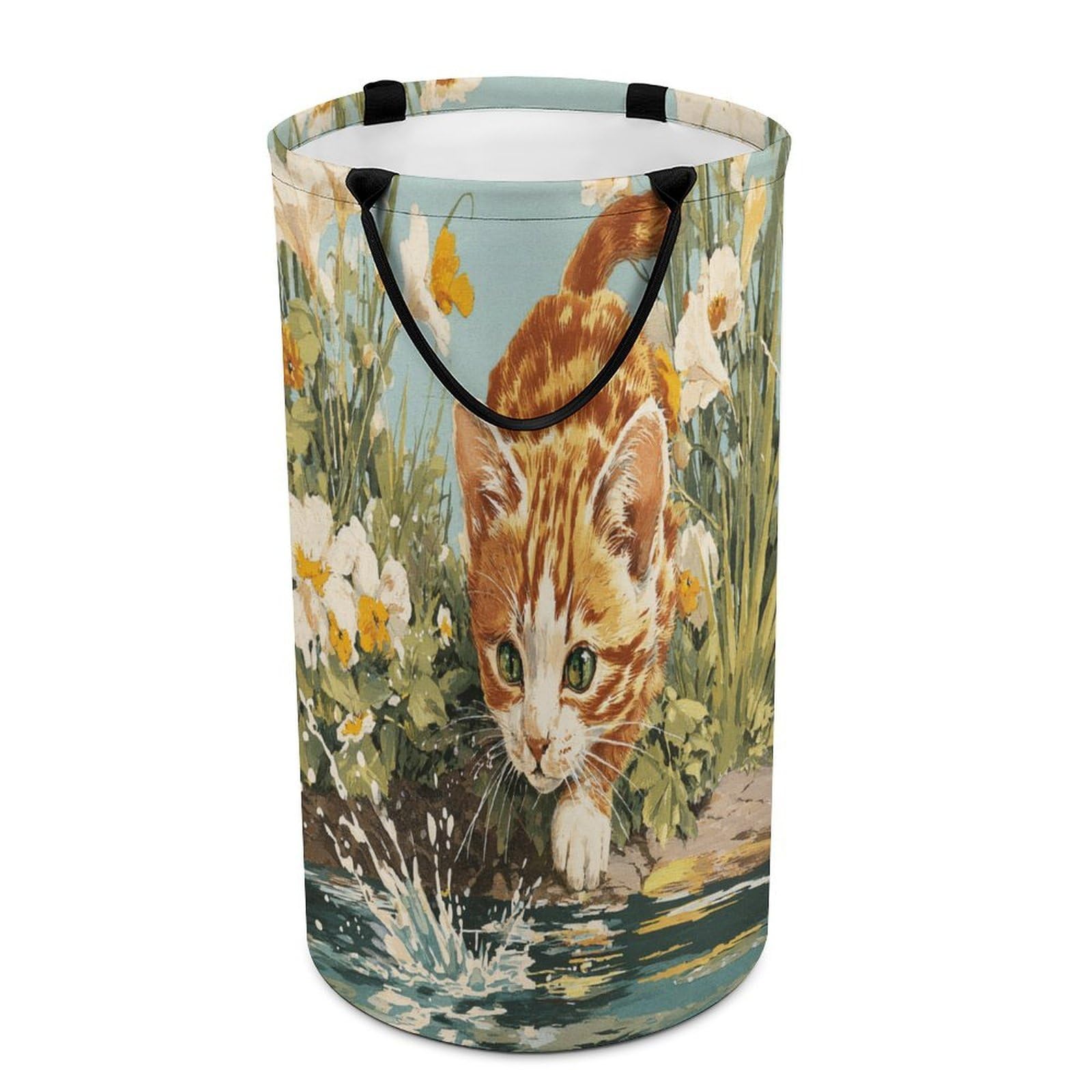 LUYYSKY Rustic Funny Cute Kitten Collapsible Dirty Clothes Basket, Modern Art Botanical Daisies Flowers Animal Cat Pattern Portable Clothes Storage Basket