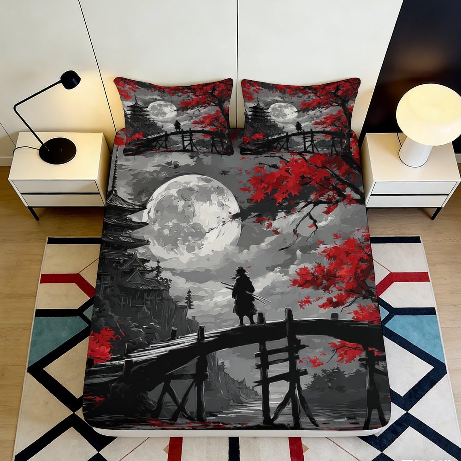 3D Printed Full Moon Night Fitted Sheet Microfiber Red Maple Bridge Bed Cover for Bedroom Dorm Easy Care Decor 90x200x25cm