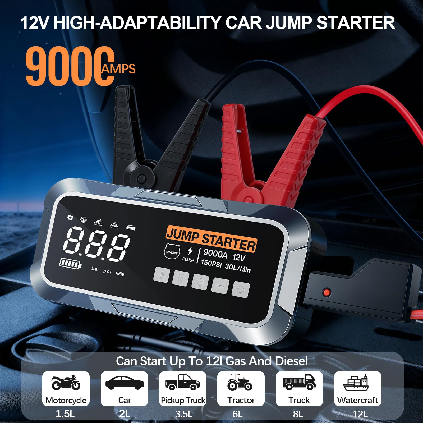 Paquete de potencia mejorado de arranque 9000A, 22 cilindros, tiempo de inflado rápido de 90 segundos, con iluminación LED, chip de IA, compresor de aire de 12 V, 150 PSI, para vehículos diésel