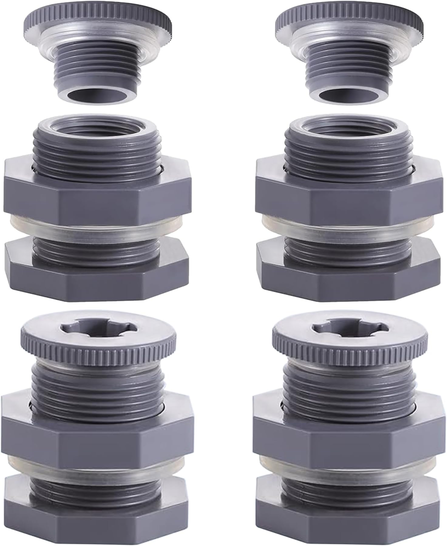 4 Pack 3/4 Inch Female PVC Bulkhead Fitting with Plug and Thick Silicon Seal Gasket,Rain Barrel Connector Kit