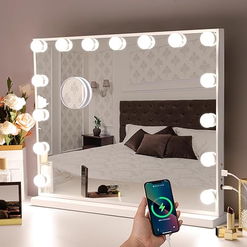 Hansong Large Vanity Mirror with Lights, Hollywood Mirror with Lights, Lighted Vanity Mirror with 15 Dimmable LED Bulbs for Dressing Table, Light up Makeup Mirror Tabletop or Wall-Mounted White - 23x18" With Usb Output Charging Port