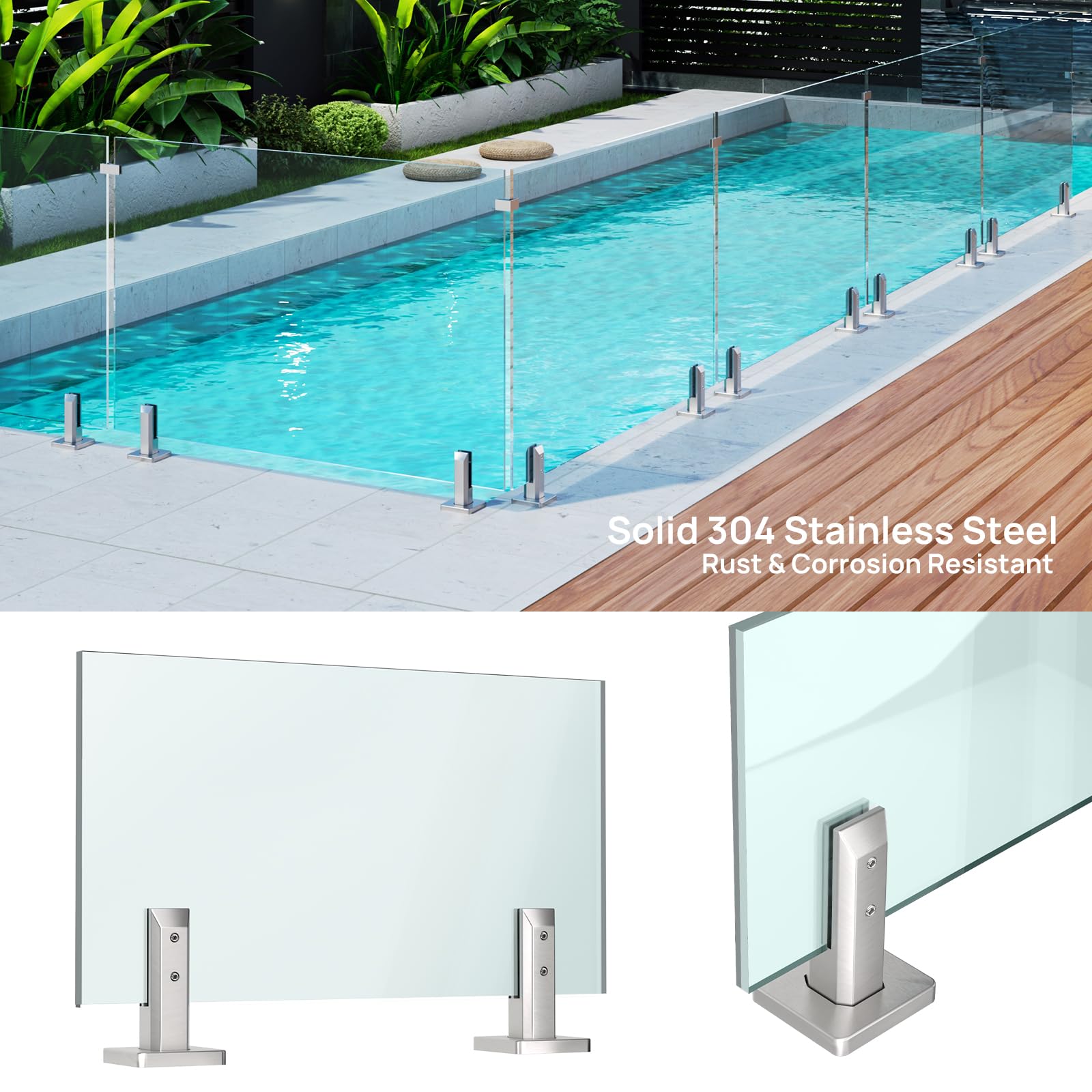 LukLoy Paquete de 12 espigas de barandilla de vidrio de acero inoxidable T304, acabado cepillado, sistema de barandilla de vidrio, diseño sin taladrar para piscina, cubierta, escalera, balaustrada