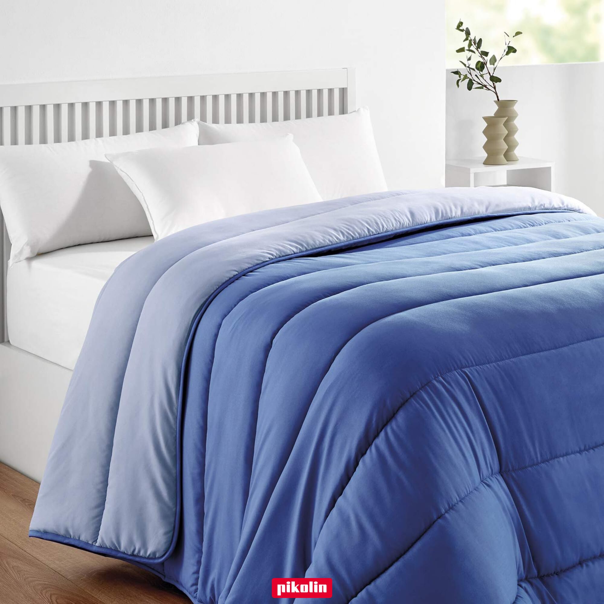 PIKOLIN Piumino Singolo Autunno Inverno 150 x 220 cm Effetto Piuma 300 gr - Piumone Caldo, Morbido, Traspirante e Reversibile - Bicolore Blu