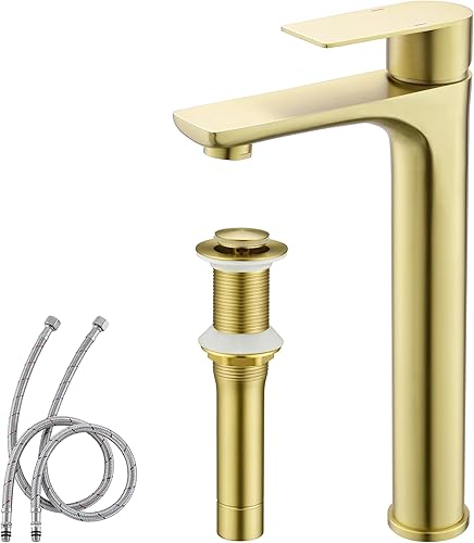 TONNY Grifo de lavabo de baño de níquel cepillado, grifo de baño alto de acero inoxidable para fregadero de buque de un agujero, grifo de tocador de