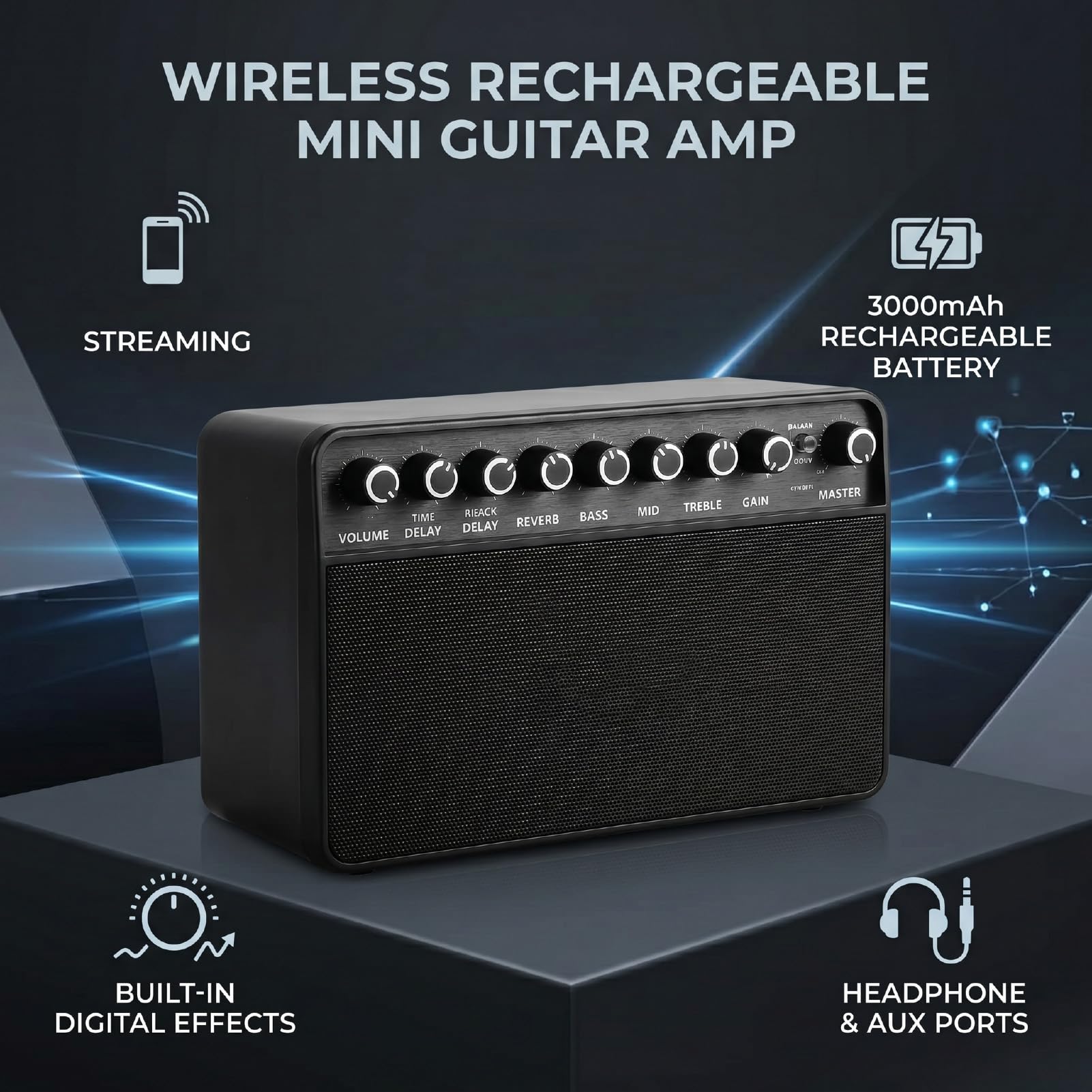 Pongnas Amplificatore per Chitarra Wireless Bluetooth, Mini Amplificatore Portatile con Batteria Ricaricabile USB C, Ingresso AUX, Jack per Cuffie per Prove Silenziose