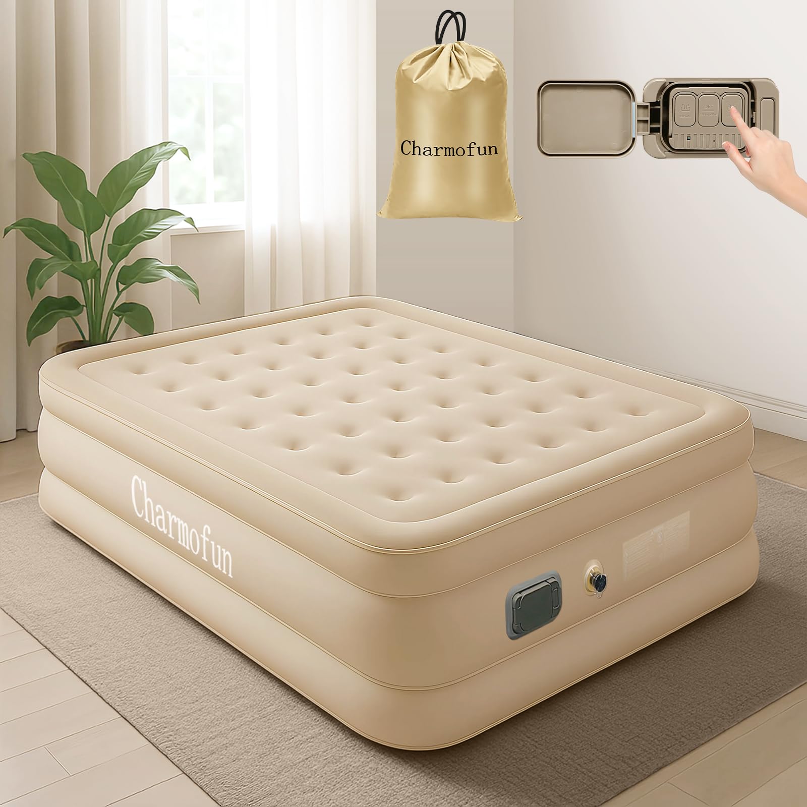 Charmofun Colchón Hinchable Matrimonio, Cama de Aire con Bomba Eléctrica, Colchón Inflable Rápido en 3 Minutos, Cama Hinchable 200×154×43cm Autohinchable para Camping O Uso DoméStico