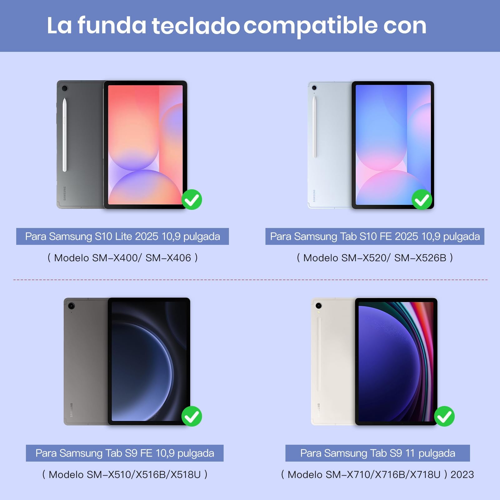 Funda con Teclado para Samsung Galaxy Tab S10 Lite / S10 FE / S9 FE / S9 2025 2023 (10.9"/11"), Teclado Bluetooth Español Magnético Desmontable con Soporte para Lápiz (Negro)