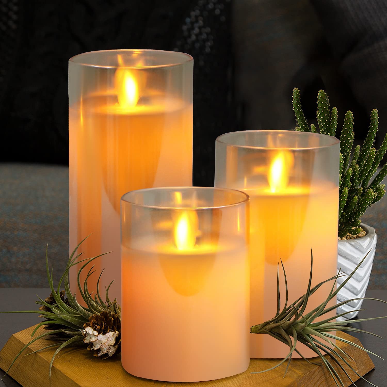 Amber Flickering Flameless Candle, Realistic LED Candles with Remote Timers, Warm Light Candles for Birthday Party Wedding Festival Home Decoration, D3 x H4 5" 6" Pack of 3 Real Wax Wick