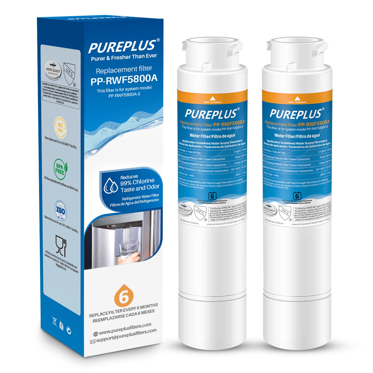 PUREPLUSRefrigerator Water Filter, Compatible with Frigidaire EPTWFU01, EWF02, Pure Source Ultra II, RWF5800A, 2Pack