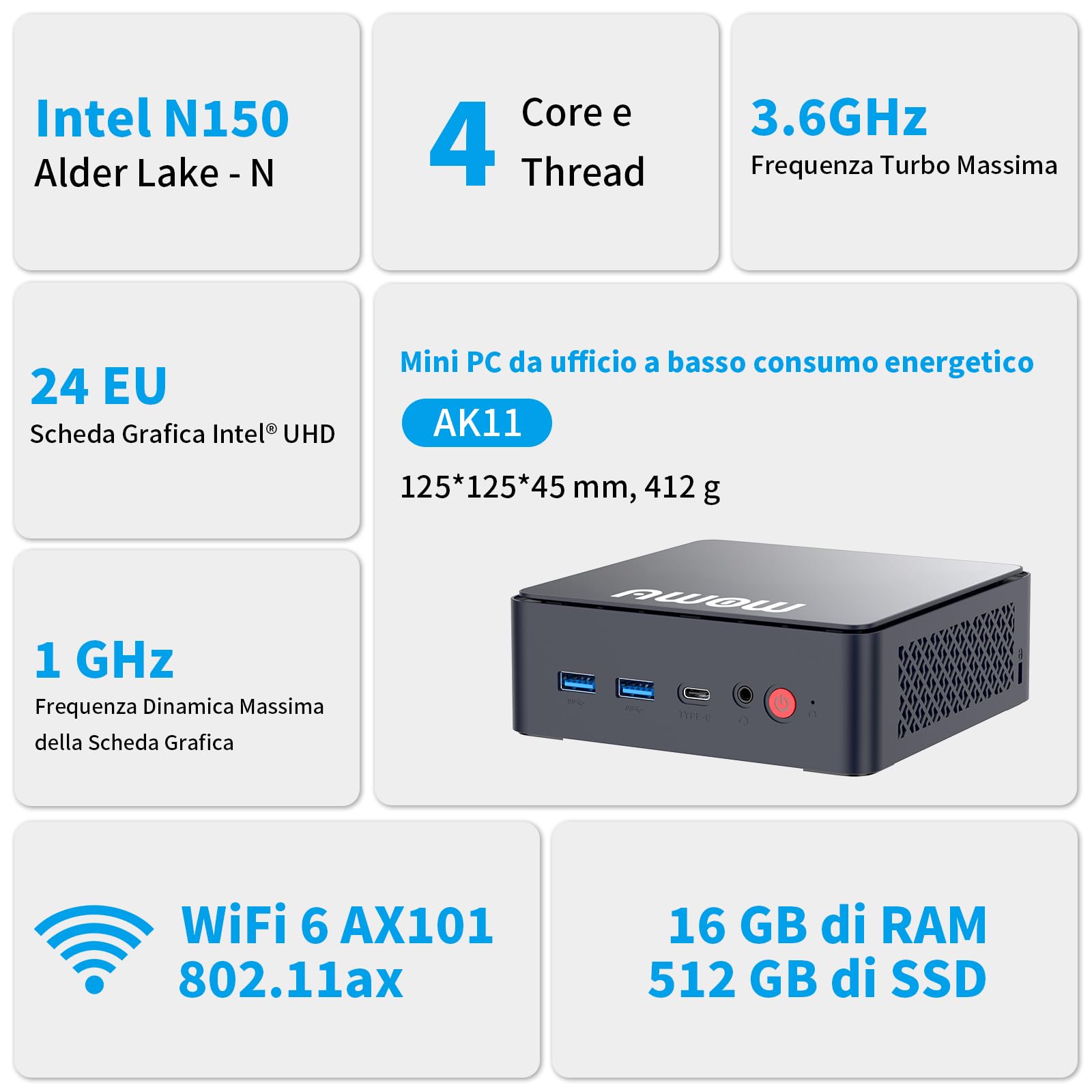 AWOW AK11 Mini PC Alder Lake N150 (fino a 3,6 GHz), 16 GB RAM 512 GB SSD, 4K UHD Dual Display, Dual Gigabit Ethernet, WiFi 6, BT 5.2, Type-C, W11 Pro -Mini Desktop per ufficio, home office e scuola