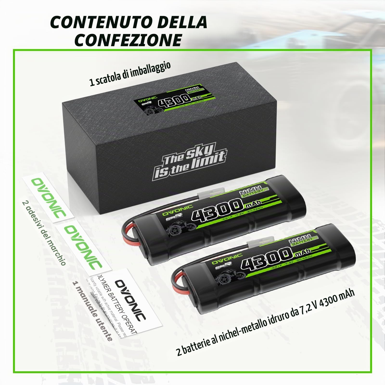 OVONIC Batteria NiMH da 7,2 V RC da 4300 mAh con connettore TMY per camion RC auto Truggy (2 pezzi)