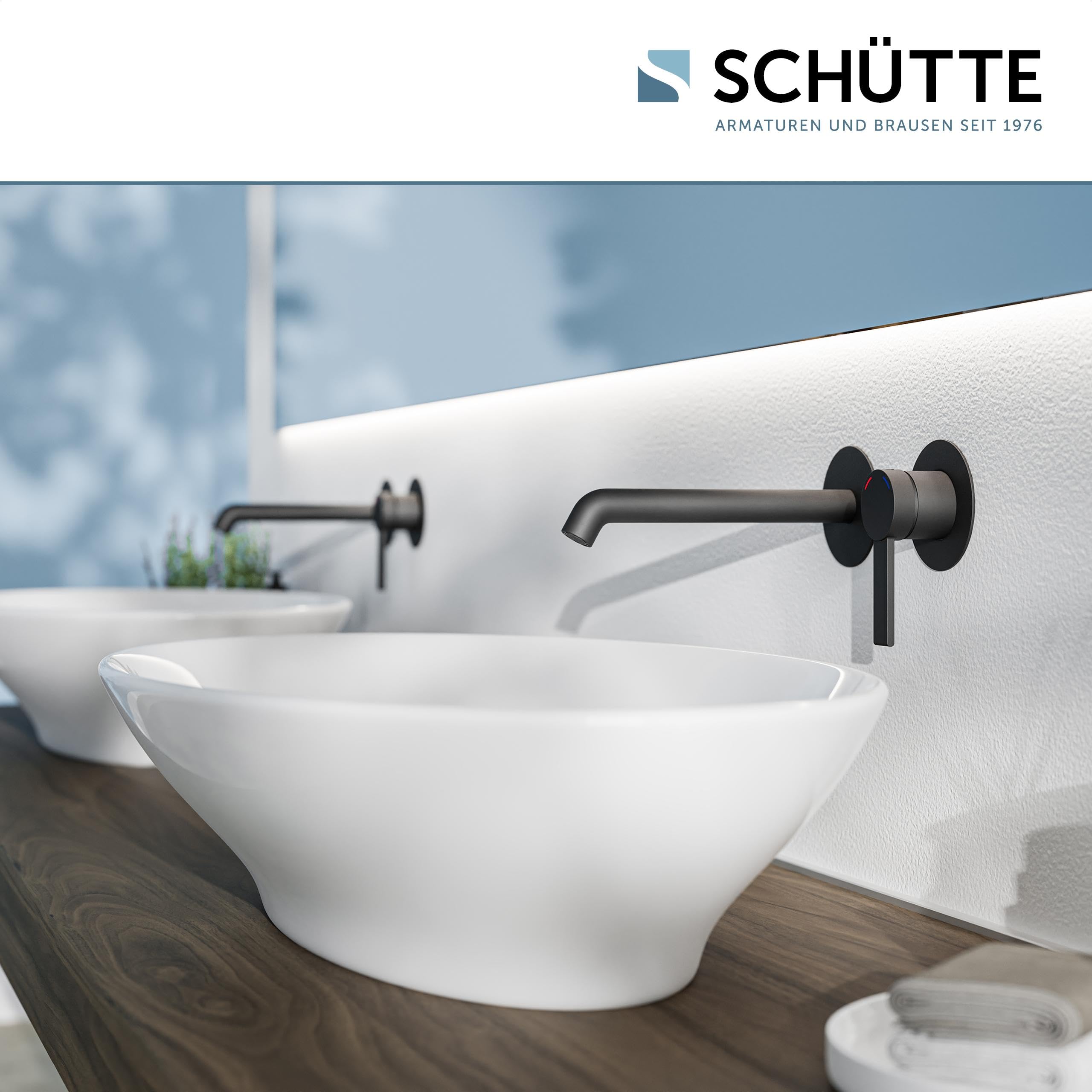 Schütte Los Angeles 33166 armatura umywalkowa do montażu na ścianie, elegancka bateria łazienkowa do montażu podtynkowego, armatura łazienkowa, przyłącze ścienne, czarna, 33166