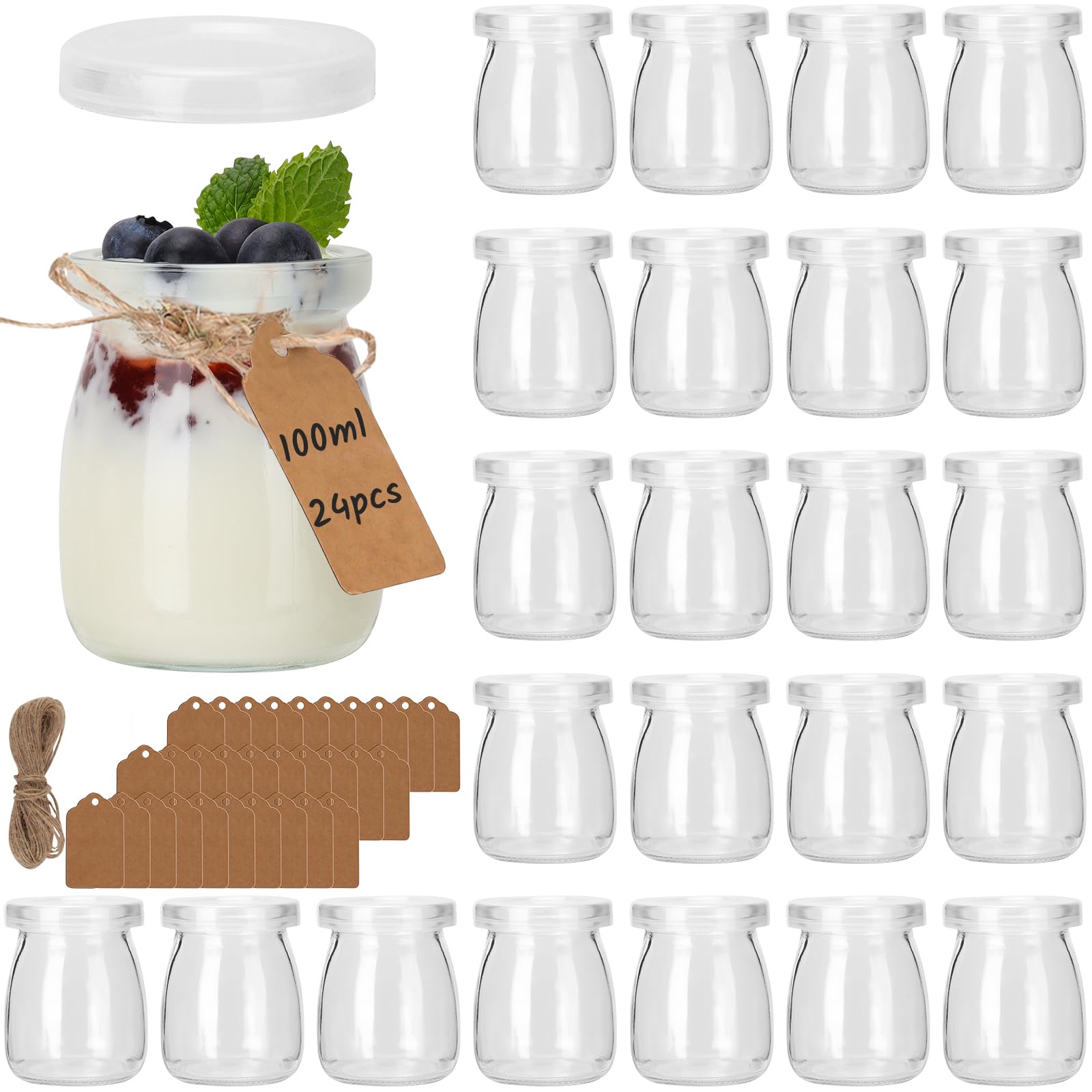 100 ml Joghurtgläser mit luftdichten Deckeln, 24 Pack Transparente Dessertgläser, Kleine Marmeladengläser mit Etikett und Schnur, Puddinggläser für Gelee, Honig, Tiramisu, Mousse, Müsli
