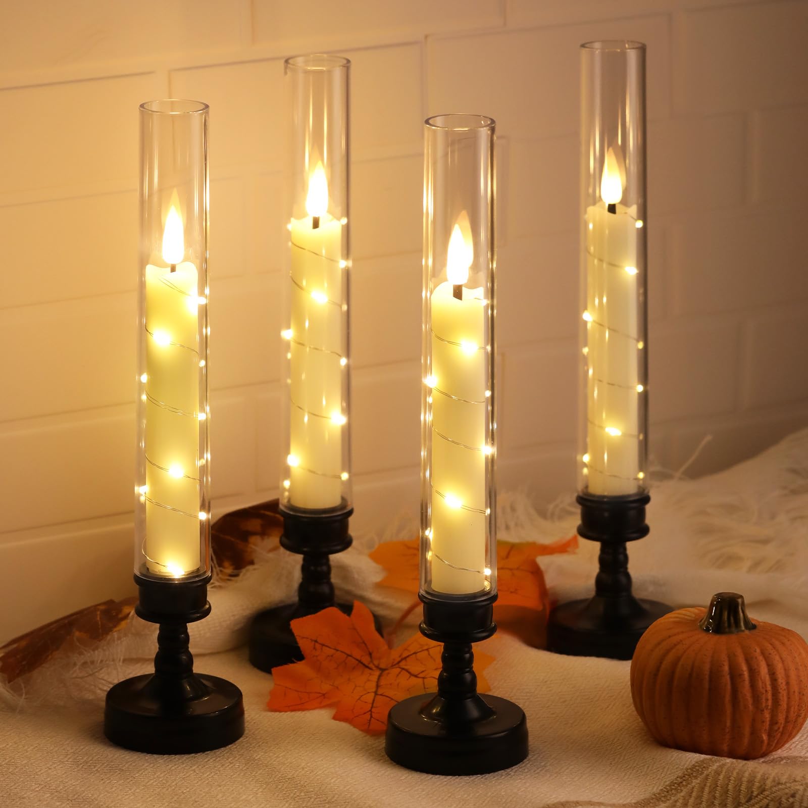 JVURICE LED Kerzen 4er Set,26cm Flackernde Kerzen mit Kerzenhaltern, Timer＆Fernbedienung, Lichterkette, Für Esstische, Schränke, Weihnachten, Halloween, Hochzeiten, Silvester, Grabkerzen