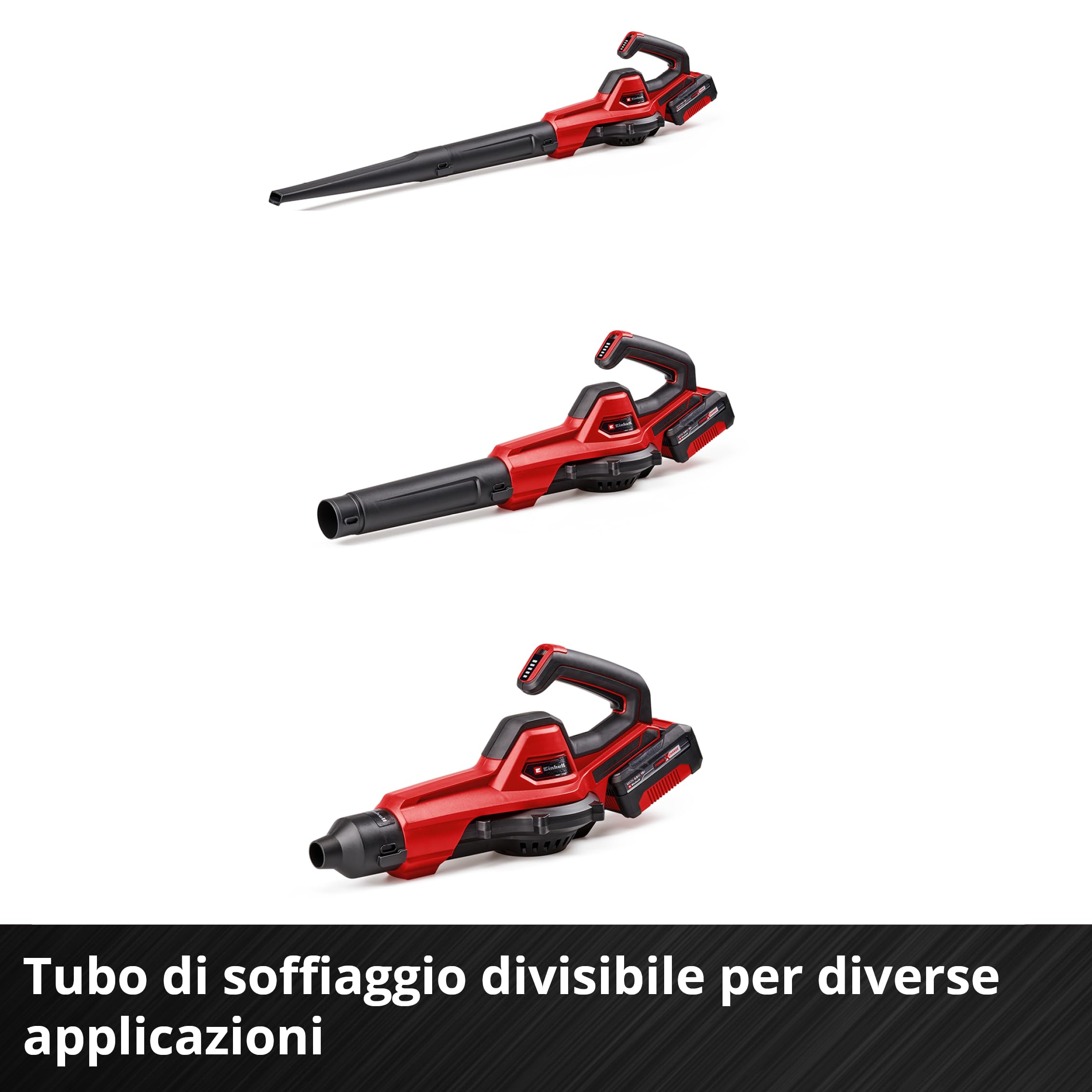 Soffiatore universale a batteria Einhell GE-UB 18/250 Li E (1x4.0 Ah) Power X-Change: 18 V, velocità aria 250 km/h, tubo a 3 pezzi e controllo della velocità con display LED. Senza batteria.