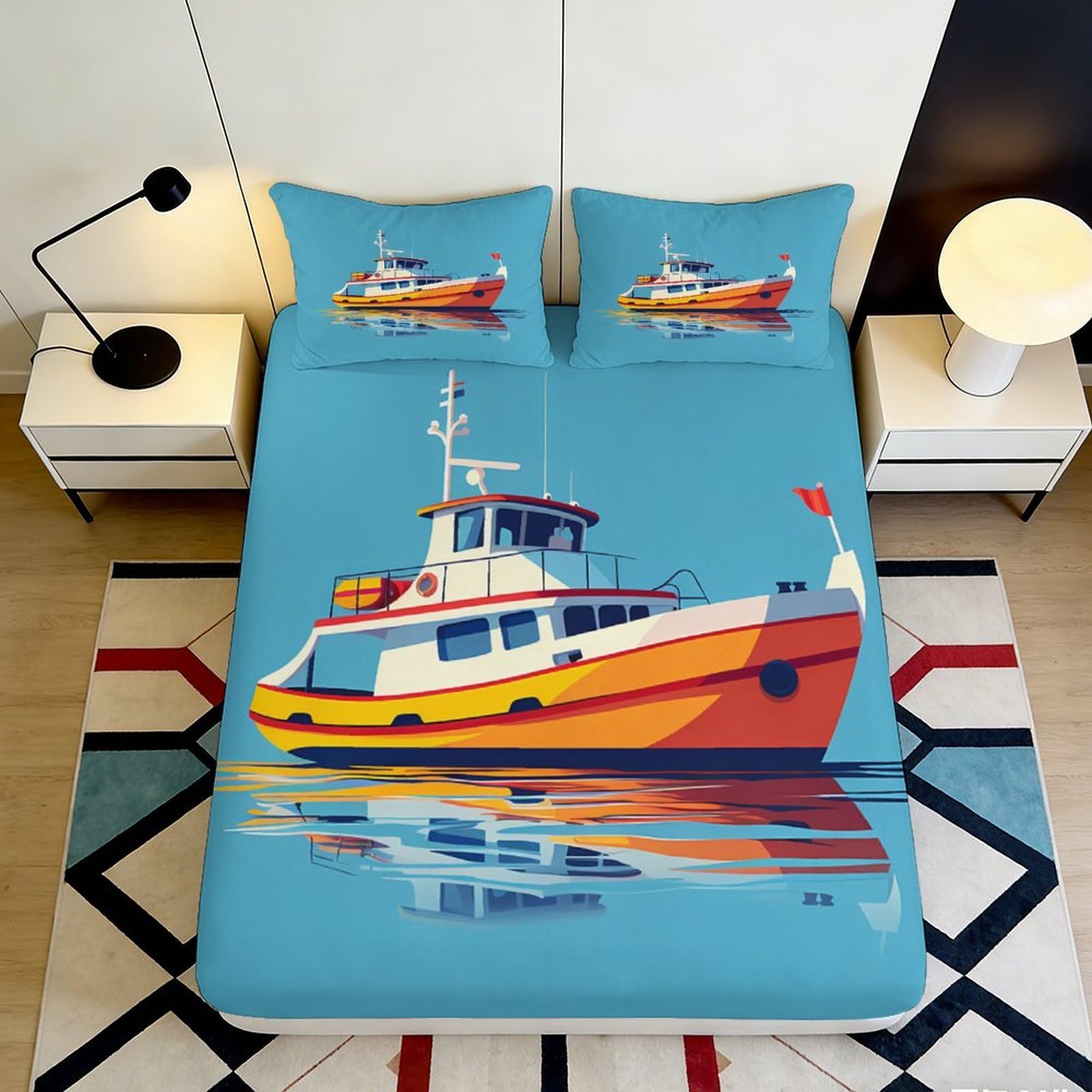3D Printed Blue Boat Ocean Fitted Sheet Microfiber Soft Mattress Cover for Bedroom Youth Guest Room 160x200x25cm