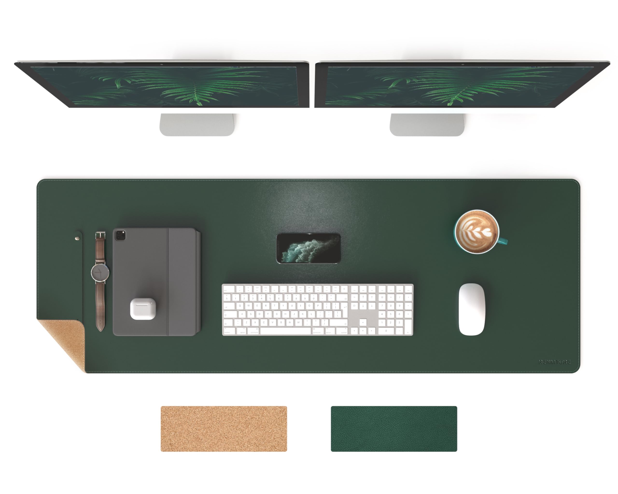 RENMTURE Dual-Sided Mouse Pad, Natural Cork & PU Leather Large Desk Pad for Office and Home Work, Desk Protector Non-Slip, Waterproof, Easy Clean (Dark Green, 47"x17")