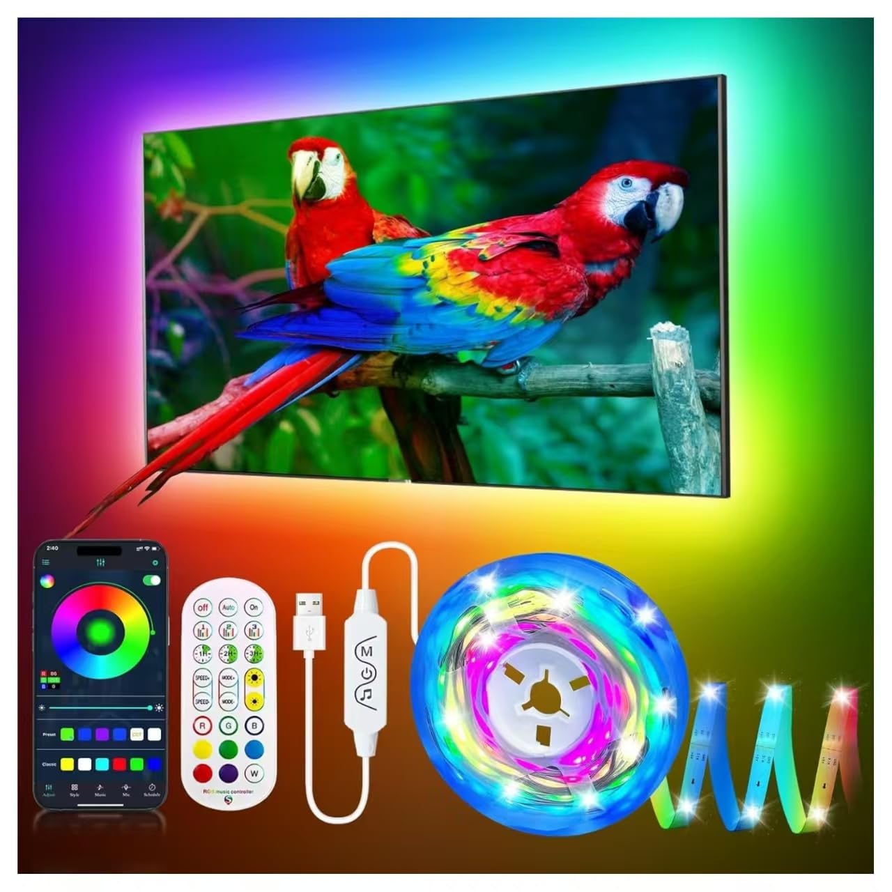 ZGCNLD TV LED Lights, RGBIC LED TV Backlights Strip 10M for 70-140 inch TV with Remote Control and USB, The Light Color Changes with the Music and Controlled by Remote or APP