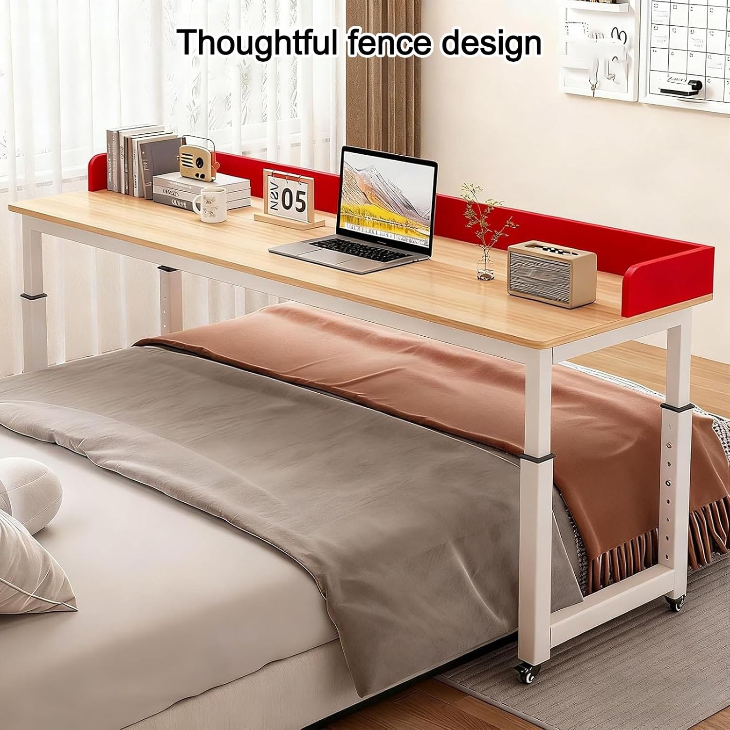 Adjustable Overbed Table on Wheels, Rolling Overbed Table with Baffles, Standing Workstation, Laptop Cart Computer Desk for Bedroom Study Office Bed Table(White,210x50cm/82.6x19.6'')