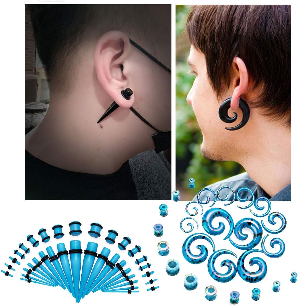 JDXN 64 PCS Acrylic Spot Gauge Kit Spiral Tapers Tunnels Plugs 14G-00G Ear Stretching Starter Set Jewelry