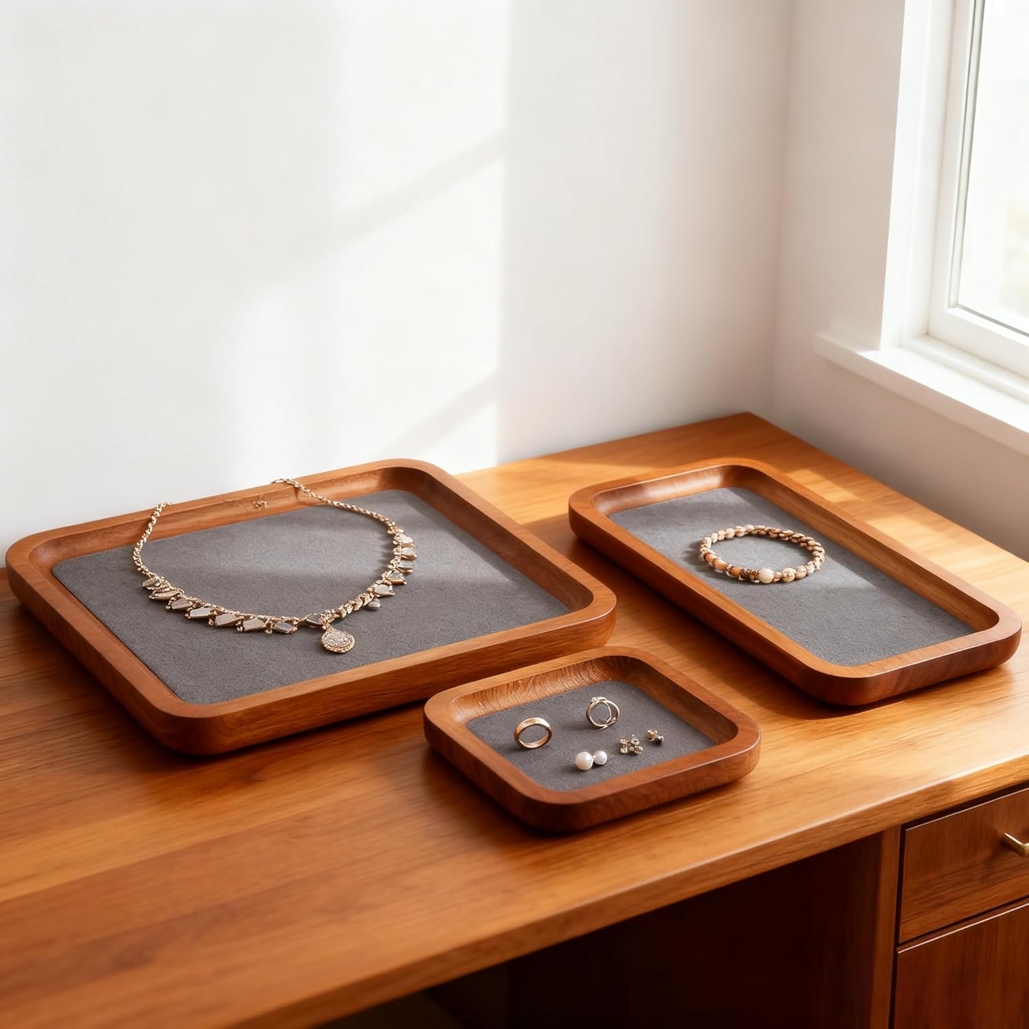 Wooden Jewelry Display Tray Rounded Rectangle Ring Showcase Stackable Elegant Bracelet Watch Jewelry Organizer for Personal Use and Commerce (Gray, Large-W 7'' x H 0.6'' x L 7.9'')