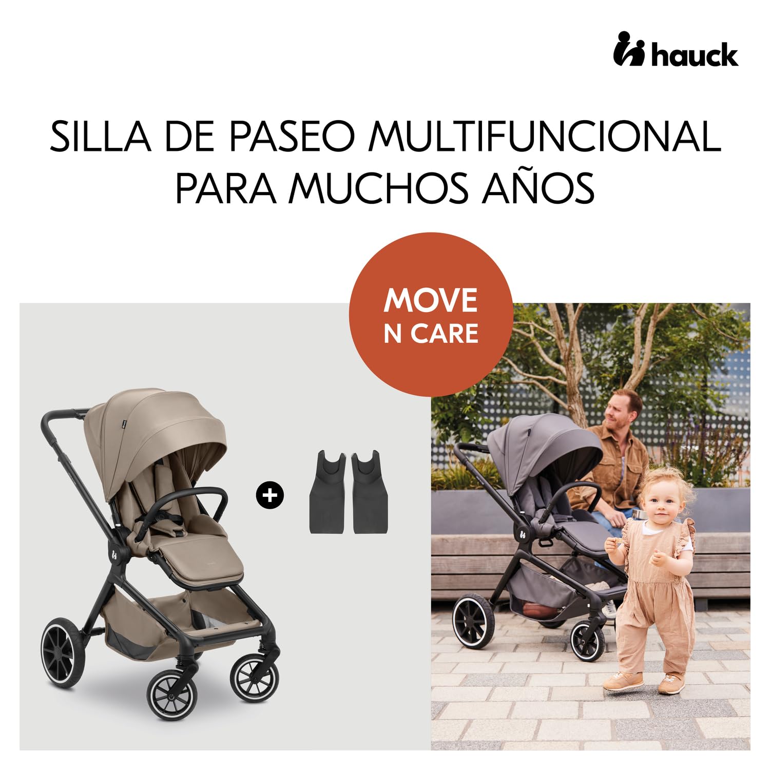 hauck Move N Care Carrito Bebé Multifunción desde el Nacimiento hasta 22 kg | Silla de Paseo Ligera Reversible y Reclinable - Capota XL UPF 50+ - Suspensión y Ruedas de Goma - Adaptadores - Moca