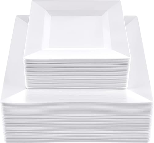 SETUP 100 platos cuadrados blancos combinados, platos de plástico desechables, 50 platos desechables de 9.5 pulgadas y 50 platos de ensalada