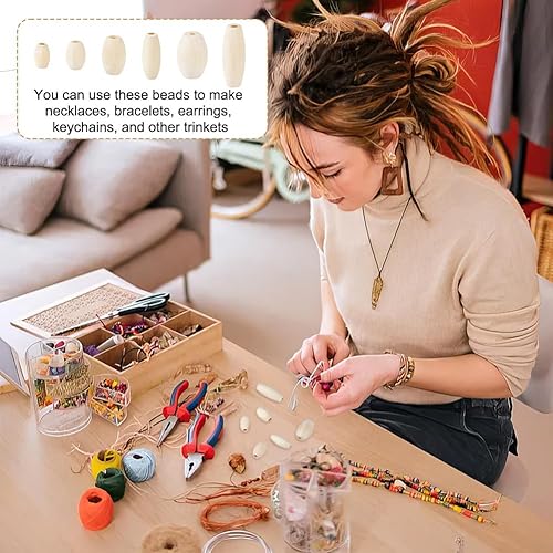 Miniatura 7 de OLYCRAFT 210 cuentas ovaladas de madera natural, cuentas de madera natural de tamaño mixto, cuentas de barril de madera sin terminar, cuentas