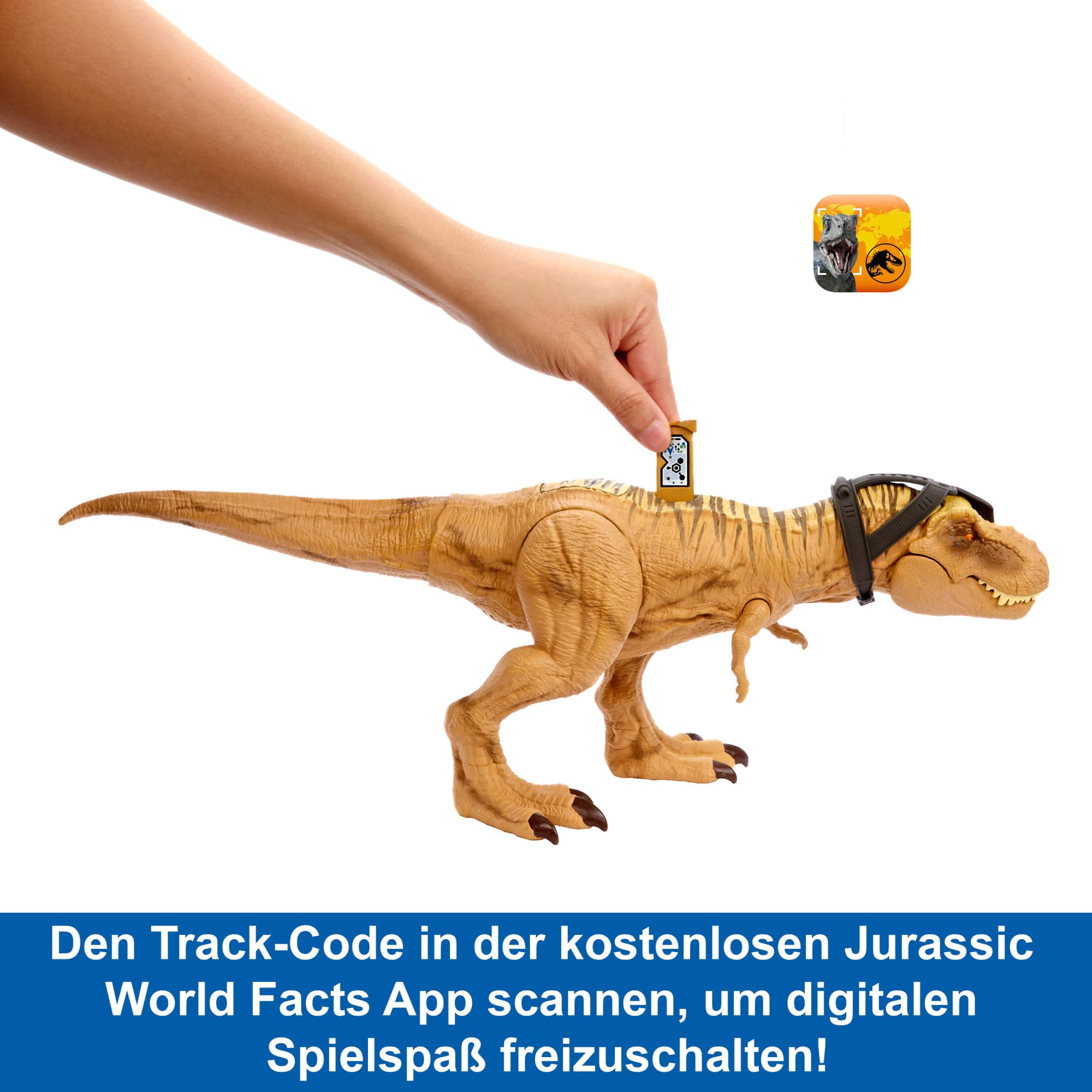 Mattel JURASSIC WORLD Jagen Und Zermalmen Tyrannosaurus-Rex - Dinosaurier Spielzeugfigur mit Geräuschen, Tracking-Ausrüstung für digitale Spiele, einzigartiger Wüstenlook, für Fans ab 4 Jahren, HNT62