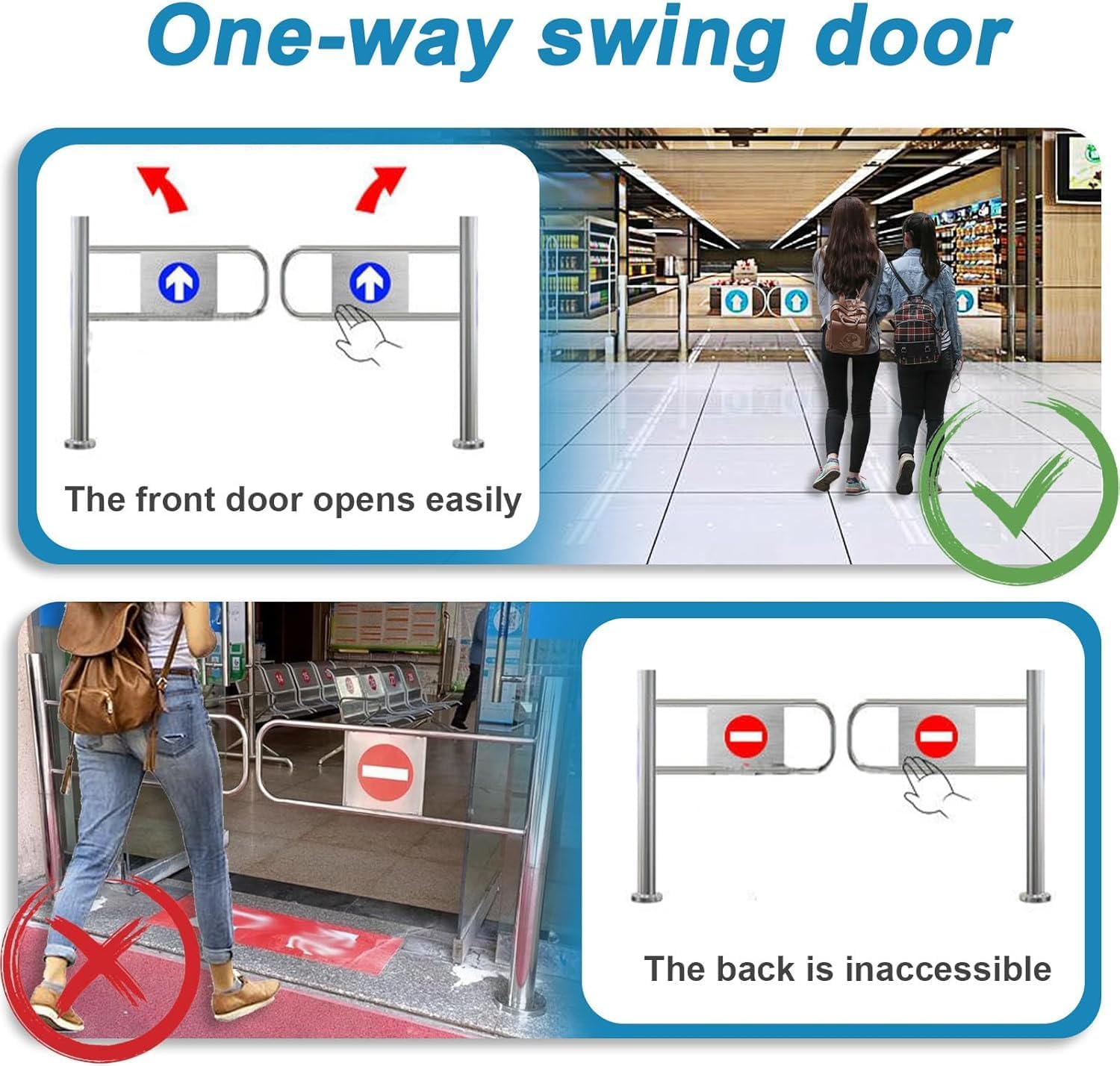 Self-Closing Stainless Steel Door - One-Way Gate for Supermarkets & Retail Stores, Adjustable Size (60x100cm), Durable Automatic Closure System for Enhanced Security and Convenience
