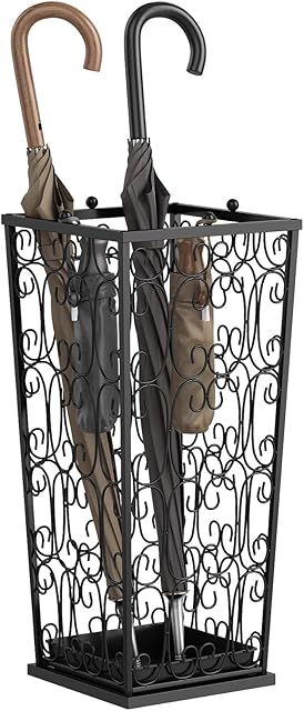 AcornFort U-02 LARGE SIZE Black Metal Classical Walking Stick Holder Umbrella Stand Home Office Hallway Storage With 4 Top Knob Hooks and One Bottom Rainwater Leaking Tray 56 * 25 * 25 CM