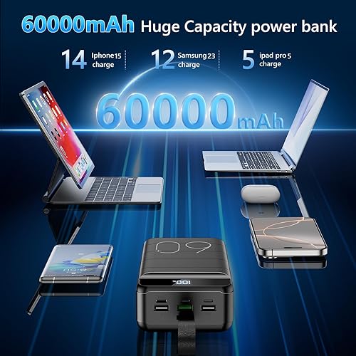 Miniatura 3 de Power Bank 60000mAh 22.5W Cargador portátil de carga rápida con linterna, 4 salidas y 3 entradas pantalla LED, gran capacidad, batería externa para