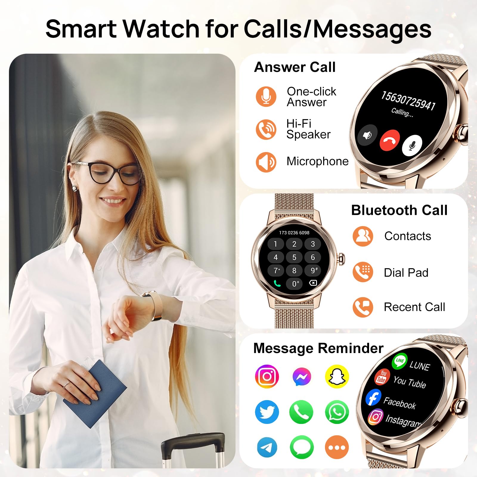 ORITHAM Smart Watch for Women,Fitness Tracker with Heart Rate/SpO2 Monitor, IP67 Elegant Woman Watch with Answer Calls&Dials, Compatible iOS Android, Rose Gold Sports Smartwatch, 2 Bands