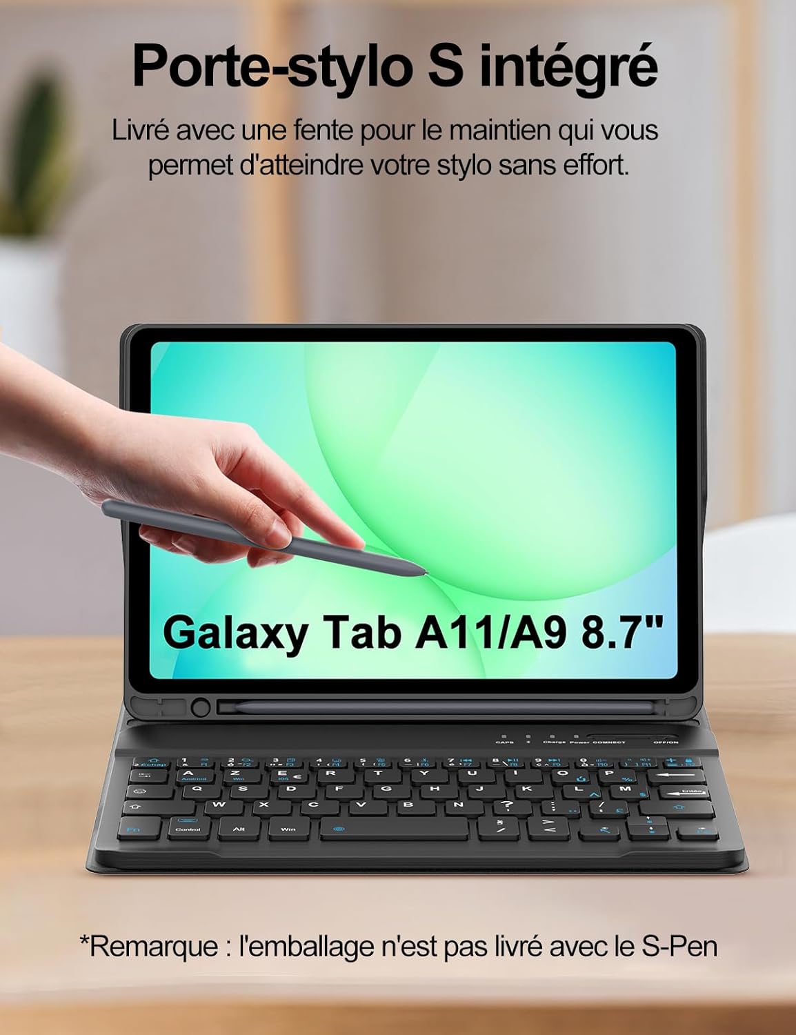 Image showing a hand placing a stylus into the integrated pen holder of the keyboard case, with a Samsung Galaxy Tab A11/A9 8.7 inch tablet displayed.