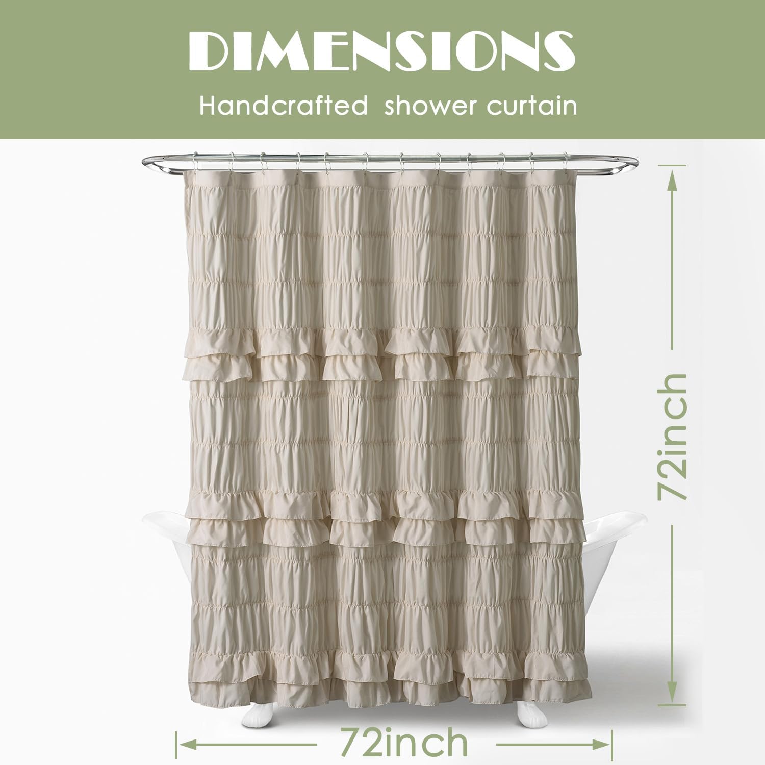 Ruffle Fabric Shower Curtain - Handmade Pleated Decorative Cloth Curtain with Layered Design, Soft Polyester Bathroom Decor, Camel, 72x72 Inch