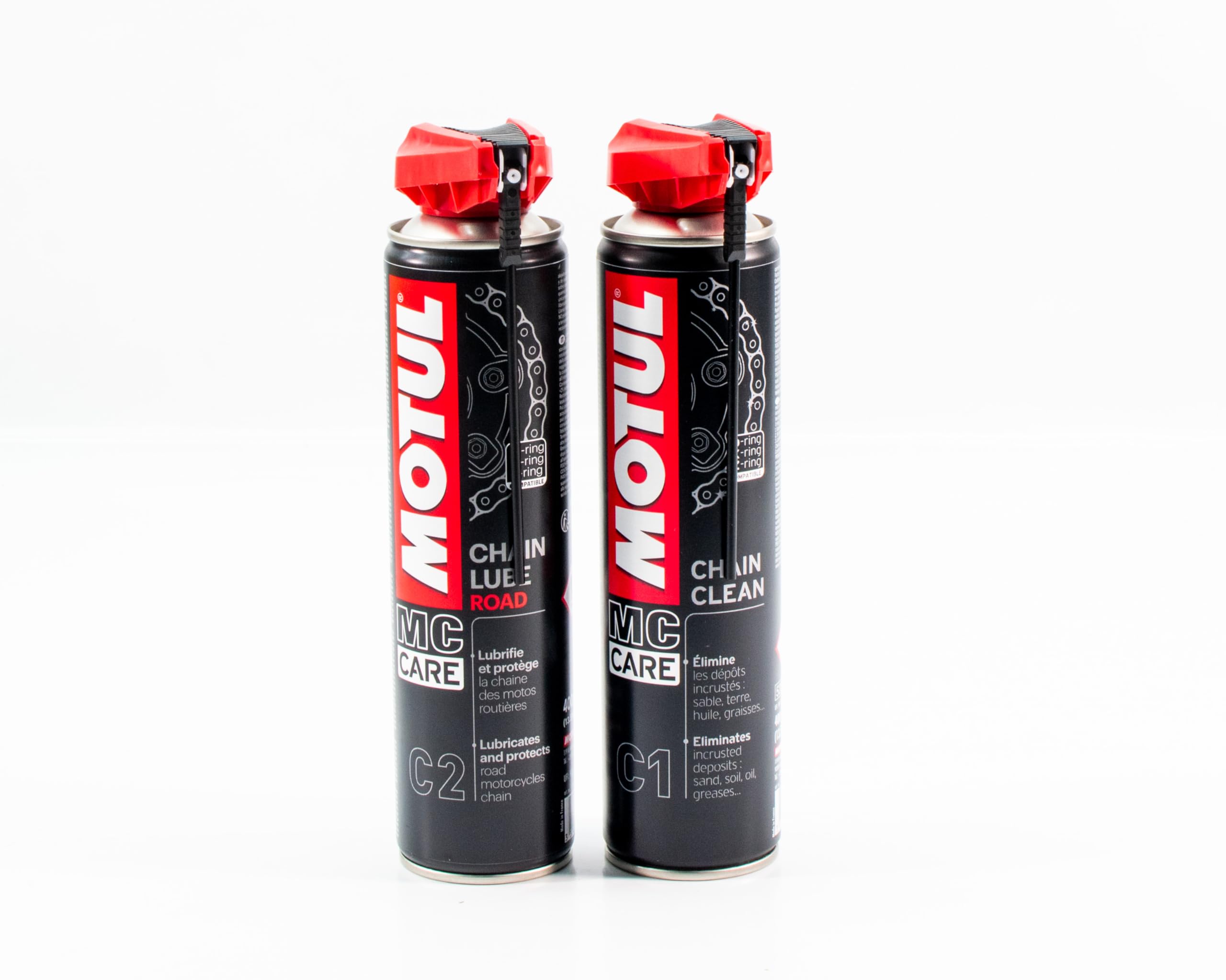 Gazoobike Confezione di manutenzione catena moto MC Care, detergente C1 400 ml + lubrificante C2 400 ml con spazzola di pulizia, kit completo per catena di moto