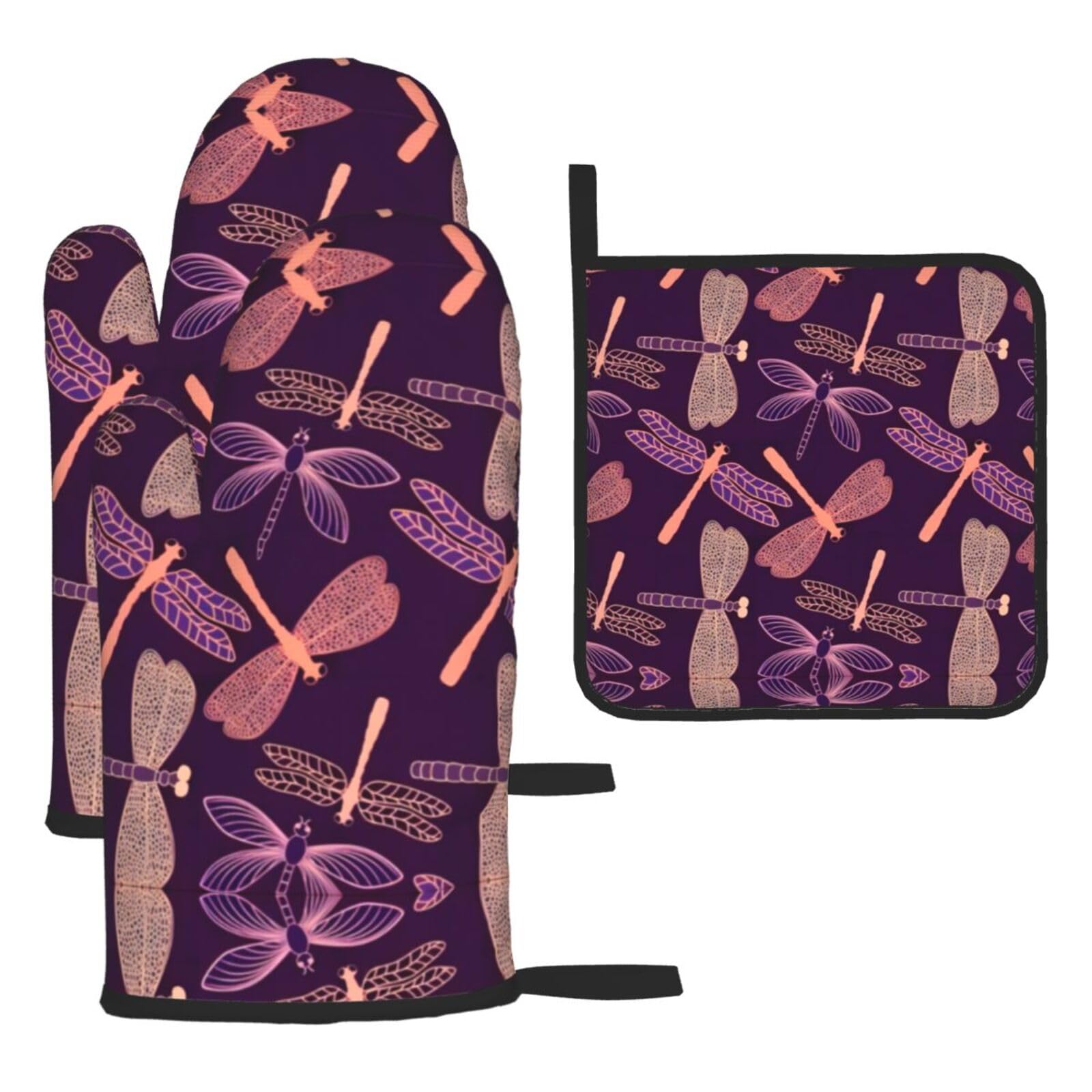 purple dragonfly Printed Oven Mitt Set 3-Piece | Heat Resistant Gloves & Pot Holder Mat for Cooking, Baking & BBQ